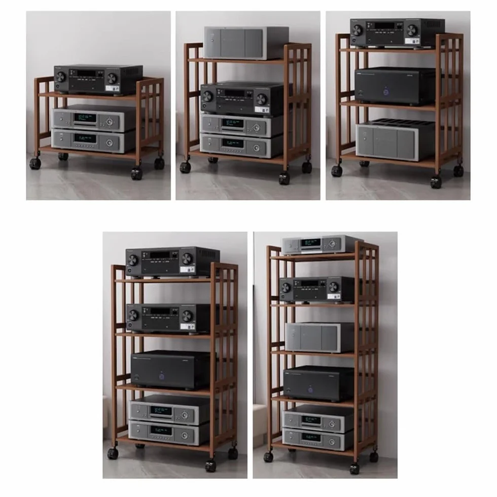 Regulowany stojak HiFi AV, konsola multimedialna do urządzeń audio/wideo, narożny stojak na telewizor i stojak na płyty CD stereo i z półkami do gier (herbata 81 cm szer. x 89 cm wys.)
