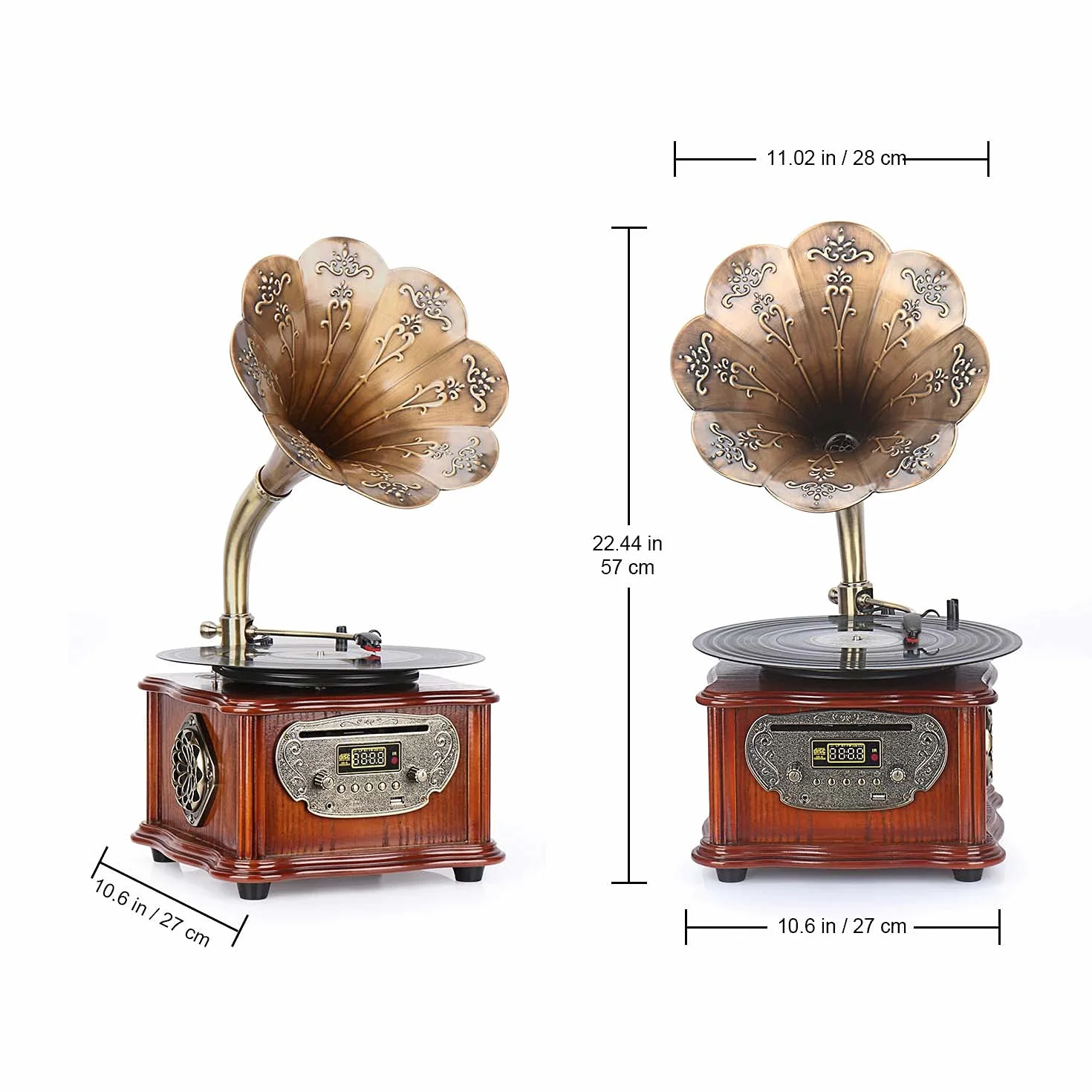 Vintage gramofon - Bluetooth, USB, radio FM, miedziany róg do odtwarzania płyt LP