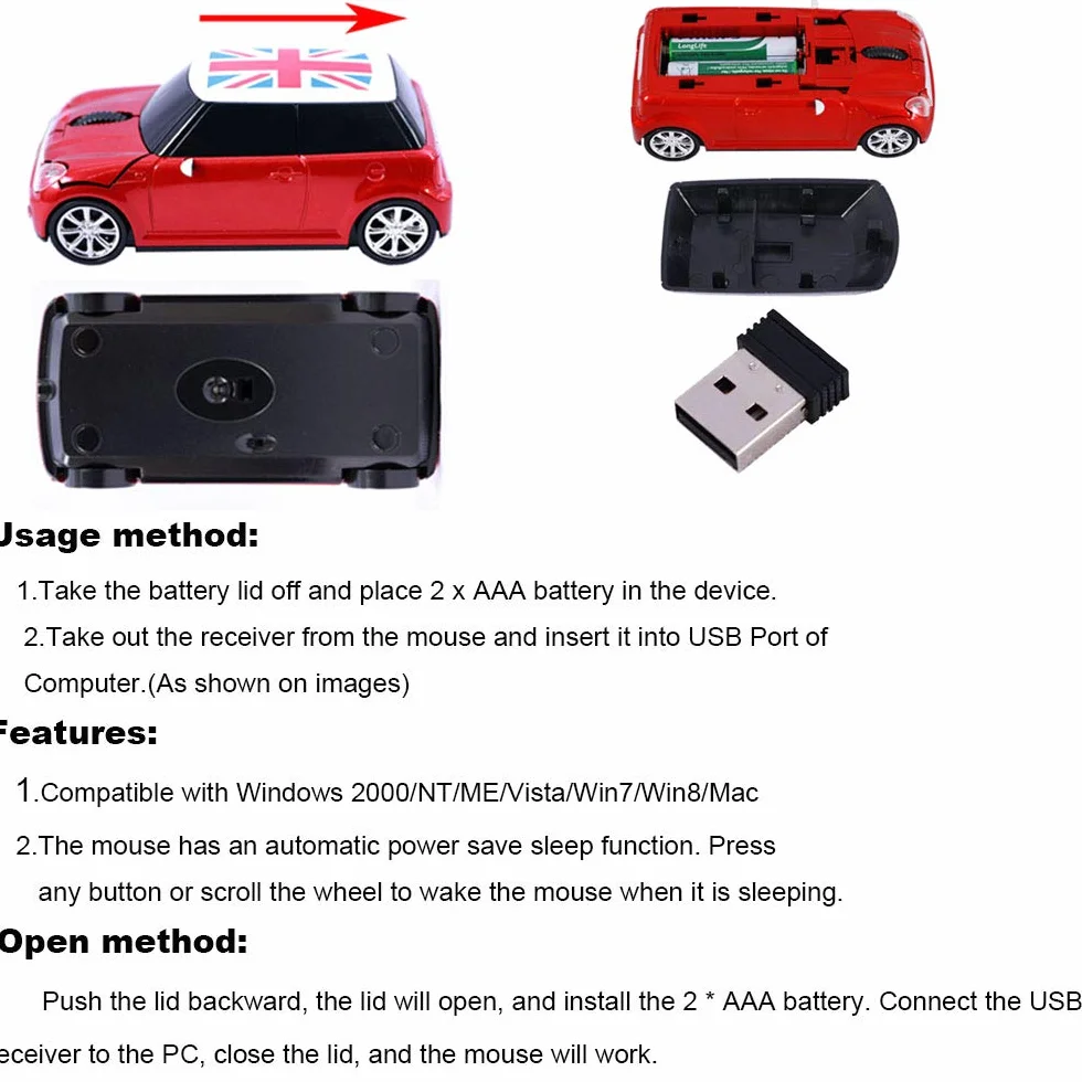 Bezprzewodowa mysz samochodowa, Kamouse super urocza mysz w kształcie samochodu USB komputerowa optyczna mysz do gier z mini odbiornikiem do PC notebooka okna