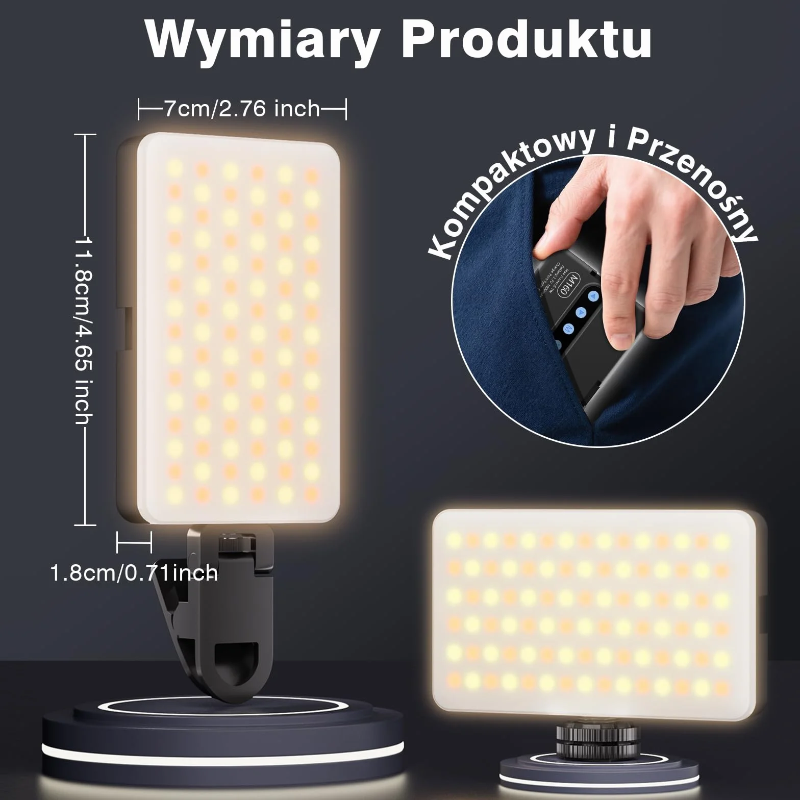 90 LED Przenośna Lampka do Selfie, CRI 95+ Akumulator Lampka Wypełniająca do Telefonu z Klipsem, Regulowane 3 tryby światła i 10 Poziomów Jasności do Telefonu, Laptopa, Aparatu
