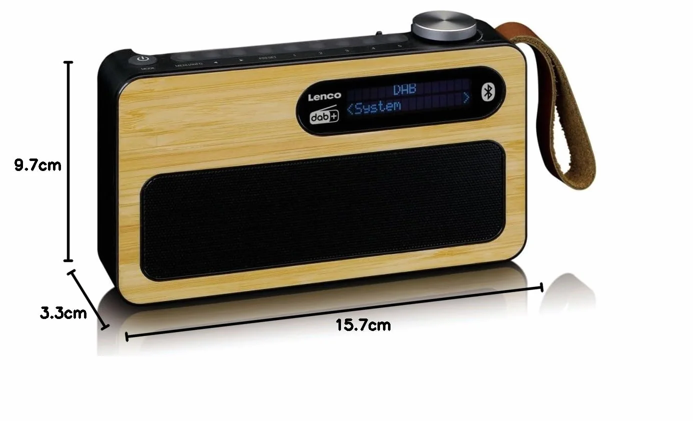 Lenco PDR-040 - przenośne radio DAB+ – radio FM – z Bluetooth – wbudowany akumulator o pojemności 2000 mAh – 3 W RMS – zegar i funkcja budzika – z prawdziwego bambusa – kolor czarny