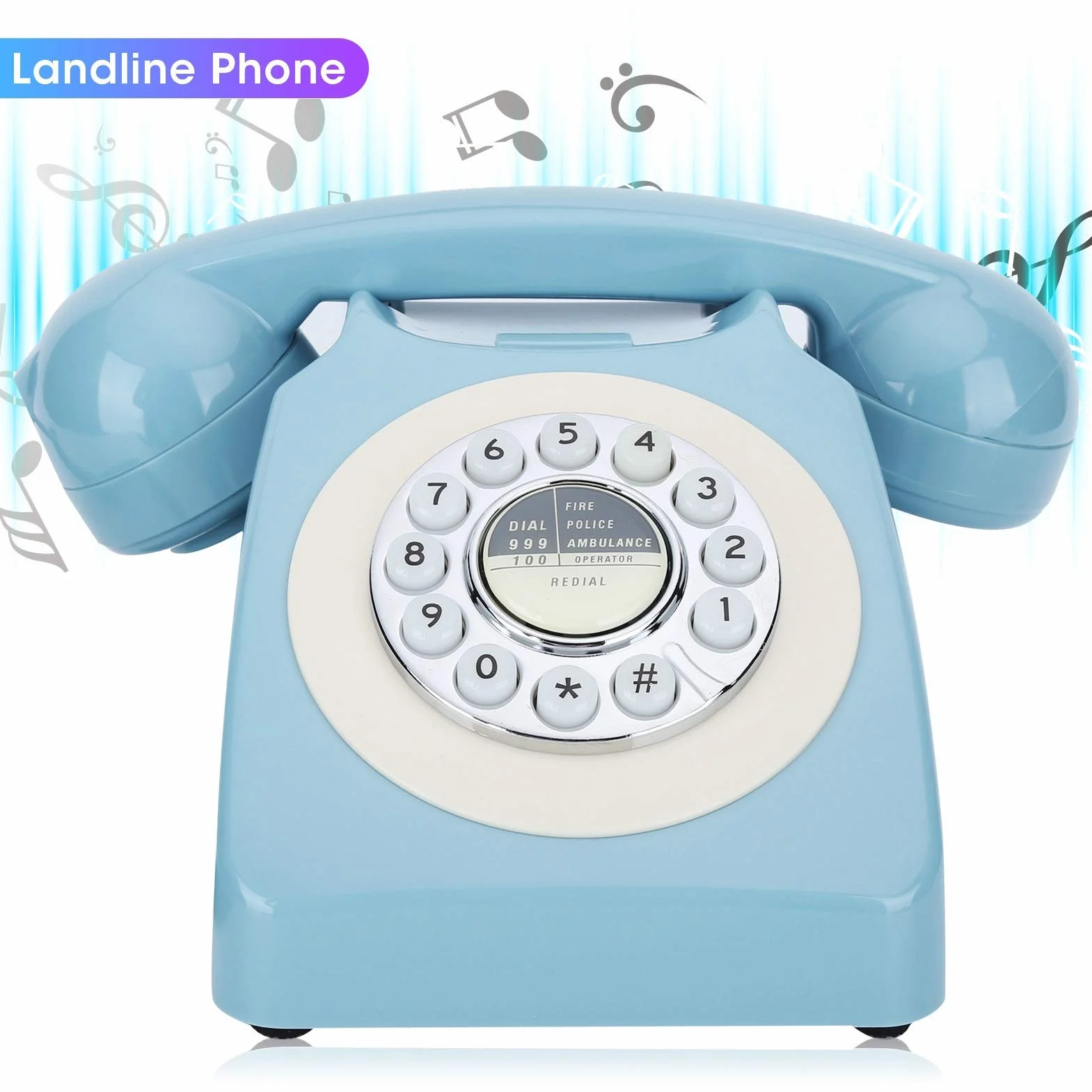 Jednowierszowy przewodowy telefon biurkowy do domu, niebieski telefon biurkowy z kablem, telefon stacjonarny w stylu retro, telefon stacjonarny do domu