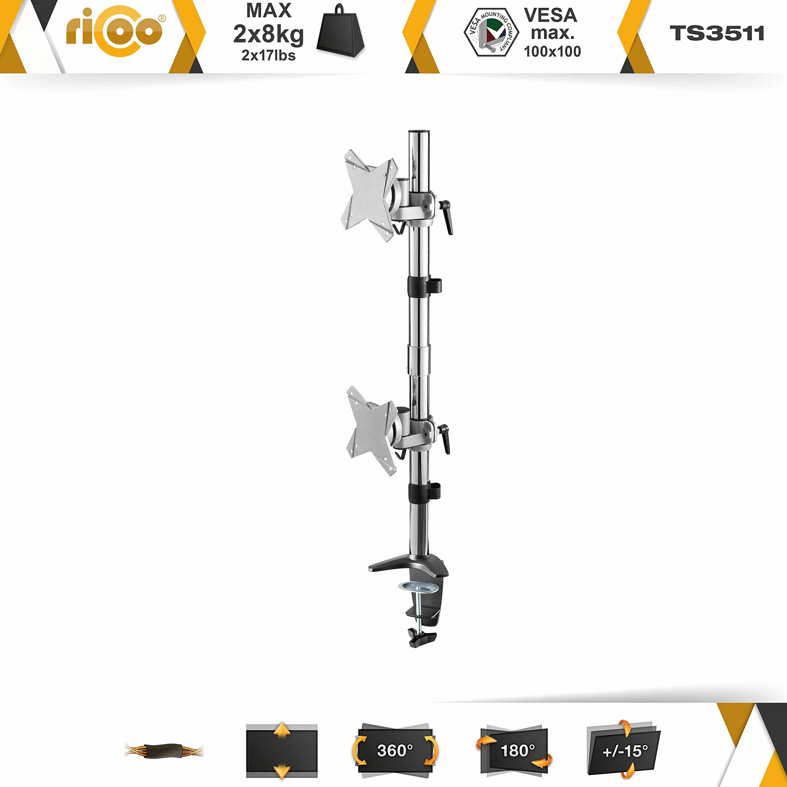 RICOO Uchwyt na komputer 2 ekrany TS3511 pionowy regulowany monitor 13-27 cali (33-69 cm) zacisk stołowy VESA 100 x 100