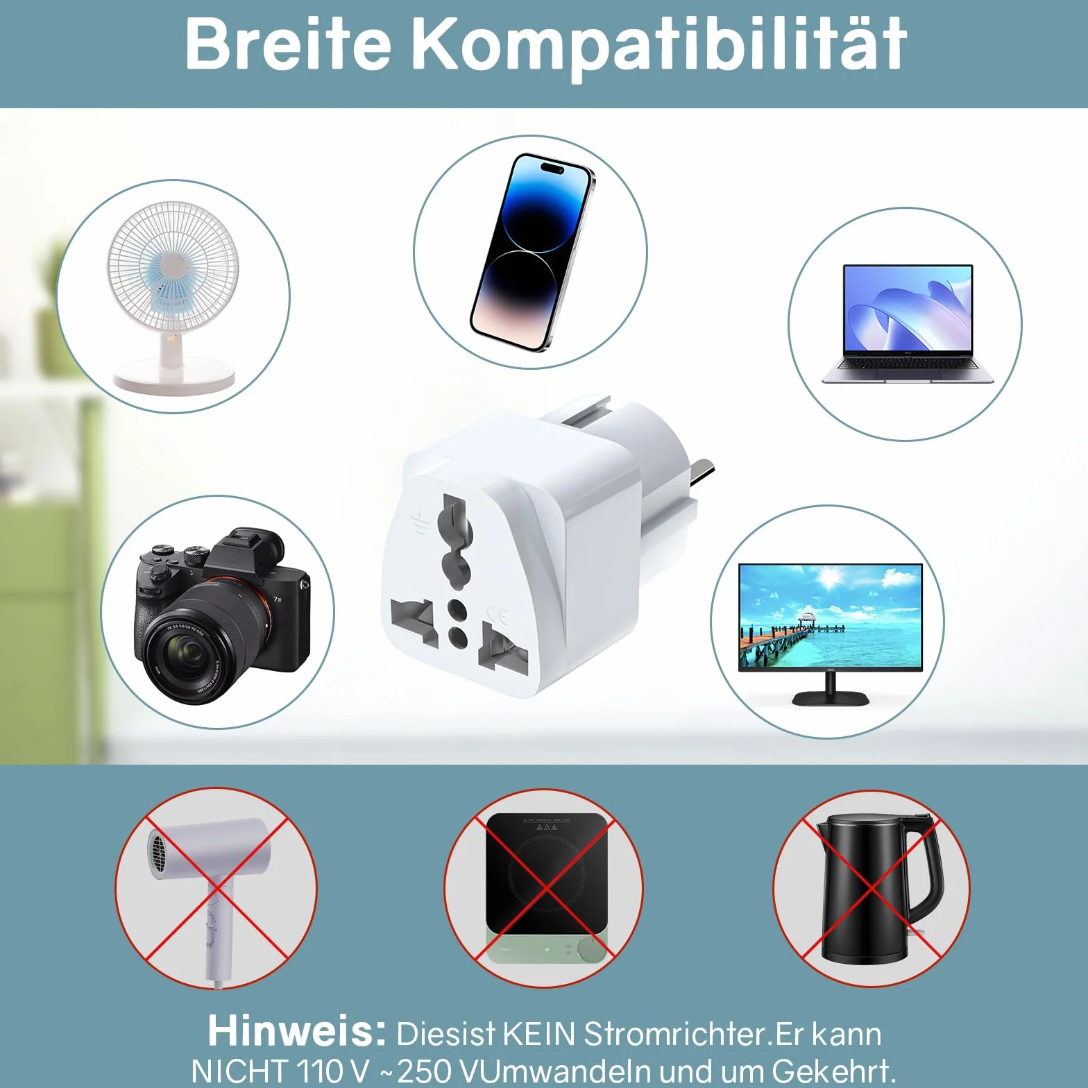 VIEVRE 4 adaptery podróżne, adapter Chiny wtyczka Niemiec, uniwersalny adapter UE do USA, UK, Tajlandii, Szwajcarii, Chin, Włoch, itd., biały