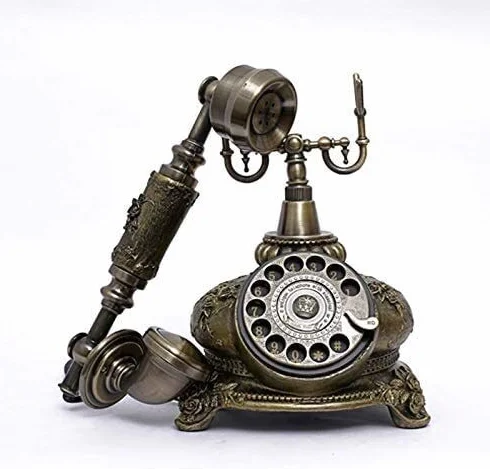 Telefon domowy, replika antycznego telefonu, zabytkowy telefon stacjonarny w stylu retro, przewodowy, złoty, modny, lata 60., klasyczny, obrotowy, z wybieraniem numerów