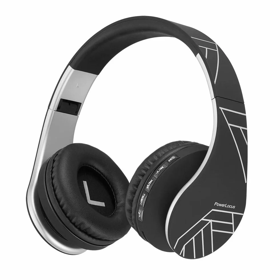 PowerLocus Słuchawki nauszne Bluetooth, bezprzewodowe słuchawki z mikrofonem, składane, miękkie nauszniki z pianki z pamięcią kształtu i lekkie, Micro SD/TF, radio FM do