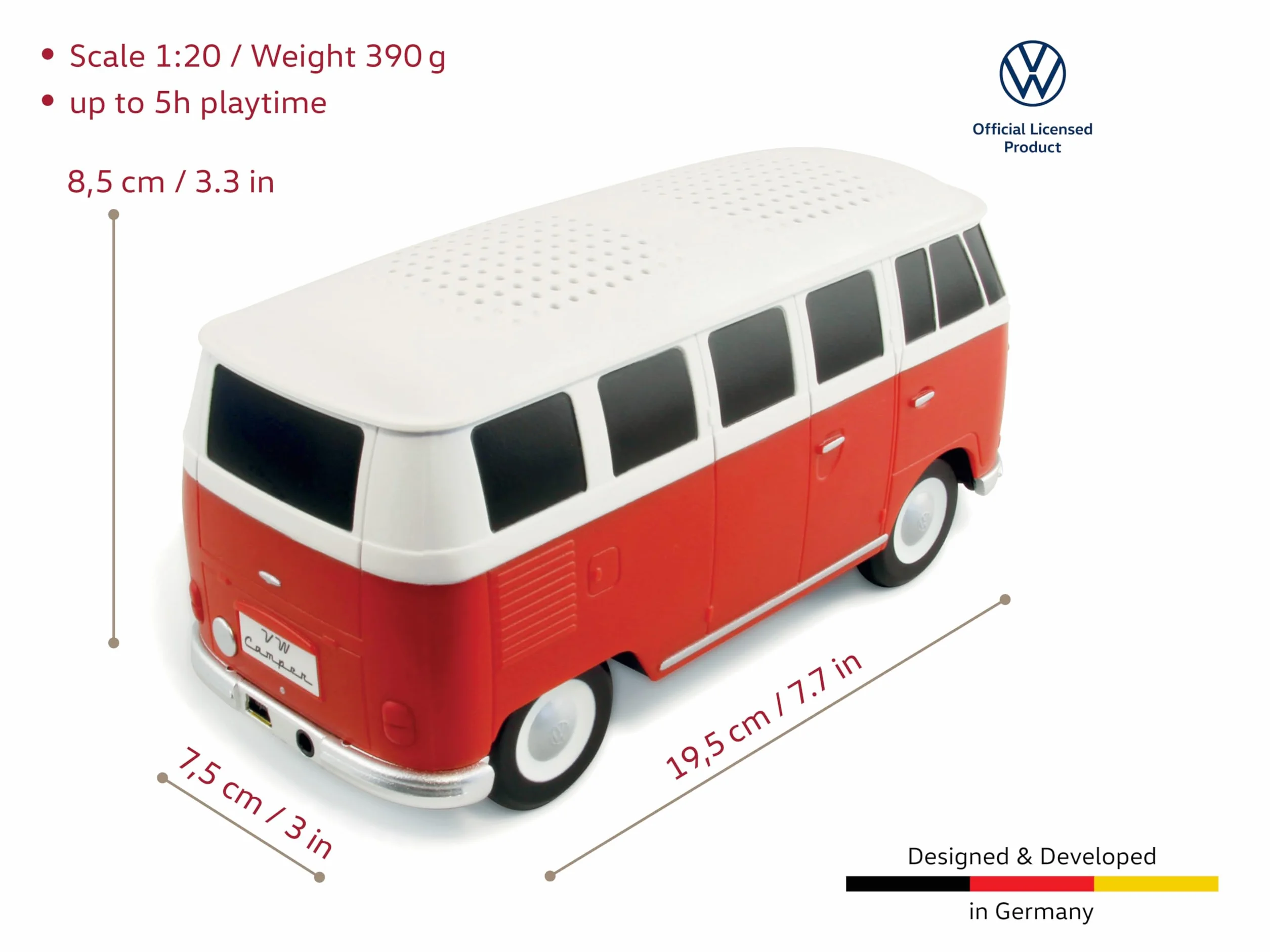 BRISA VW Collection - Volkswagen T1 Bulli Bus przenośny głośnik Bluetooth, bezprzewodowy/bezprzewodowy (skala: 1:20 I czerwony/biały)