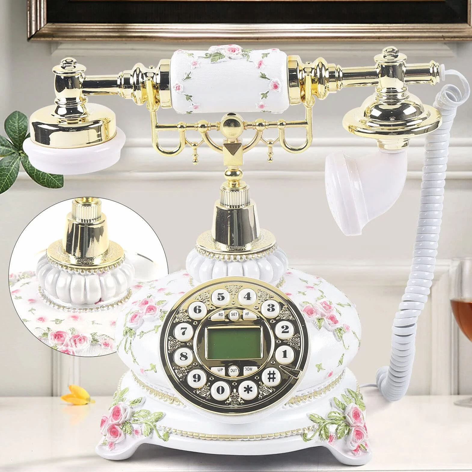 Telefon w stylu vintage, staromodny telefon stacjonarny, stały cyfrowy antyczny telefon stacjonarny do domu, kawiarni, biura, hoteli (A)