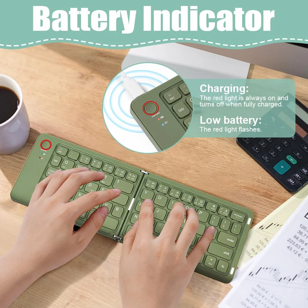 Aolso Składana klawiatura Bluetooth, mini przenośna klawiatura bezprzewodowa z klawiaturą cyfrową, ładowalna, bezprzewodowa klawiatura IPad, dla Windows iOS Android Tablet iPad - zielona