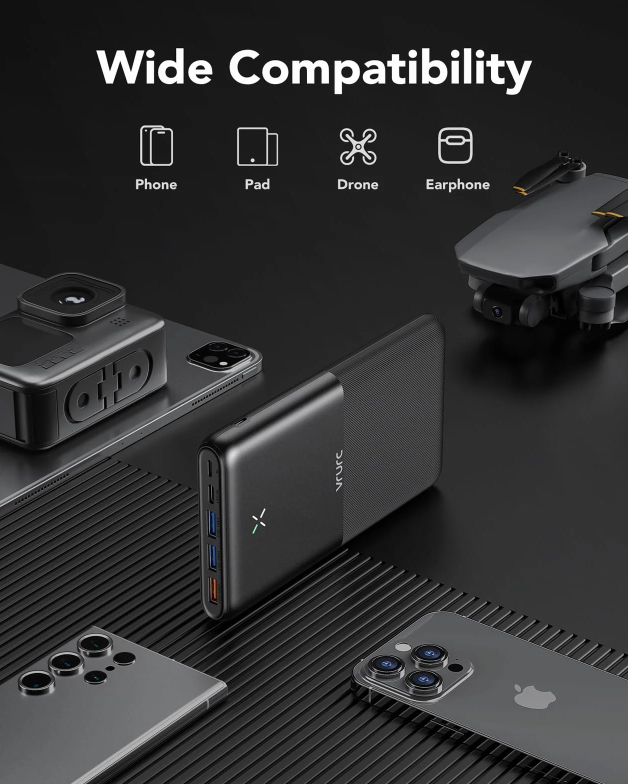 VRURC Power Bank 30 000 mAh 22,5 W, powerbank, USB C, szybkie ładowanie, zewnętrzne akumulatory do telefonów komórkowych z 4 wyjściami i 3 wejściami, przenośna ładowarka, kompatybilna z iPhone, Huawei