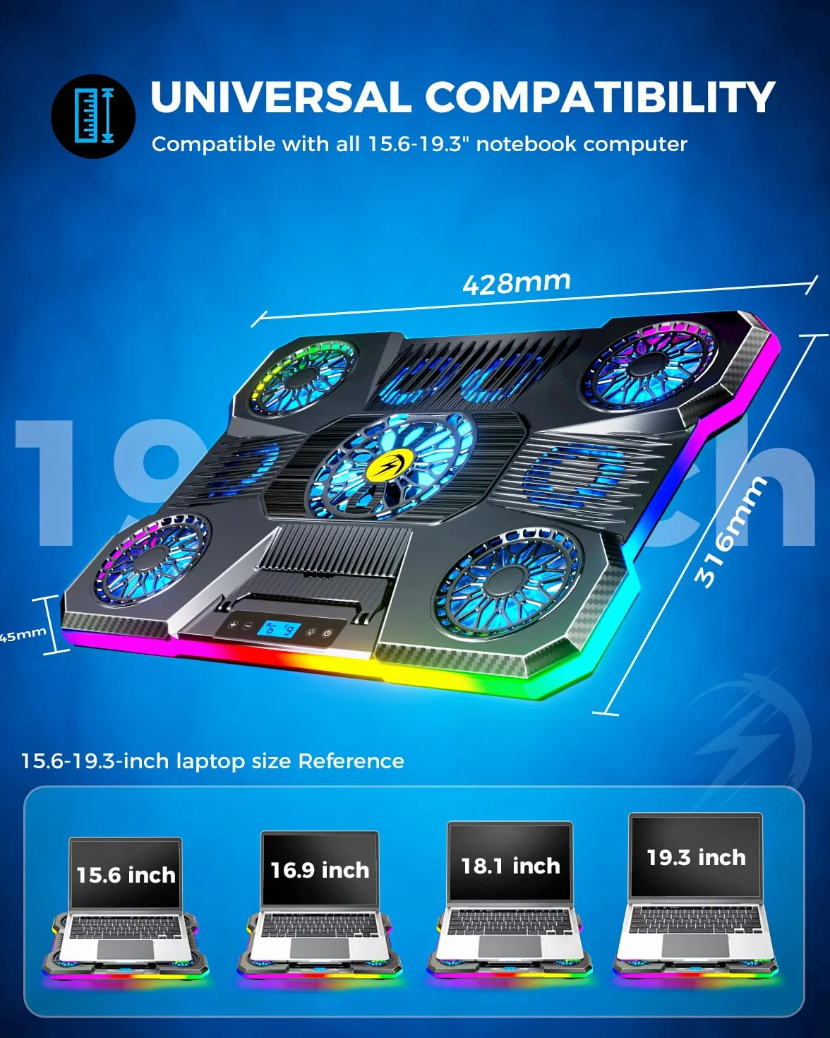 ChillCore Podkładka chłodząca do laptopa, światła RGB, chłodziarka do laptopa, 11 wentylatorów, do laptopów o przekątnej ekranu 15,6–19,3 cala, wentylator do gier, z 8 wysokimi stojakami, 2 portami