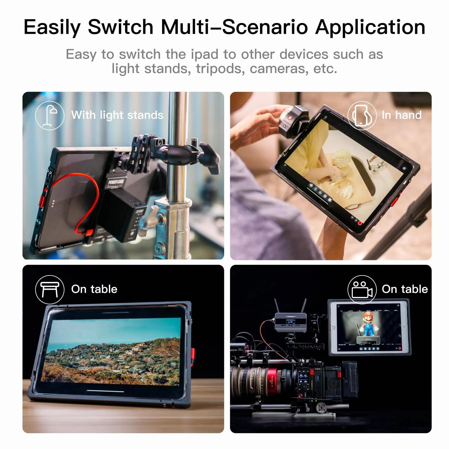 Accsoon iPad Power Cage II ze stojakiem tłumiącym/uchwytem na baterie do podłączenia kamery do iPada (gen. 5,6,7,8,9,10), iPad Air (3,4,5), iPad Pro 9,7/10,5/11" (Gen 1, 2, 3,4) jako monitor Pro