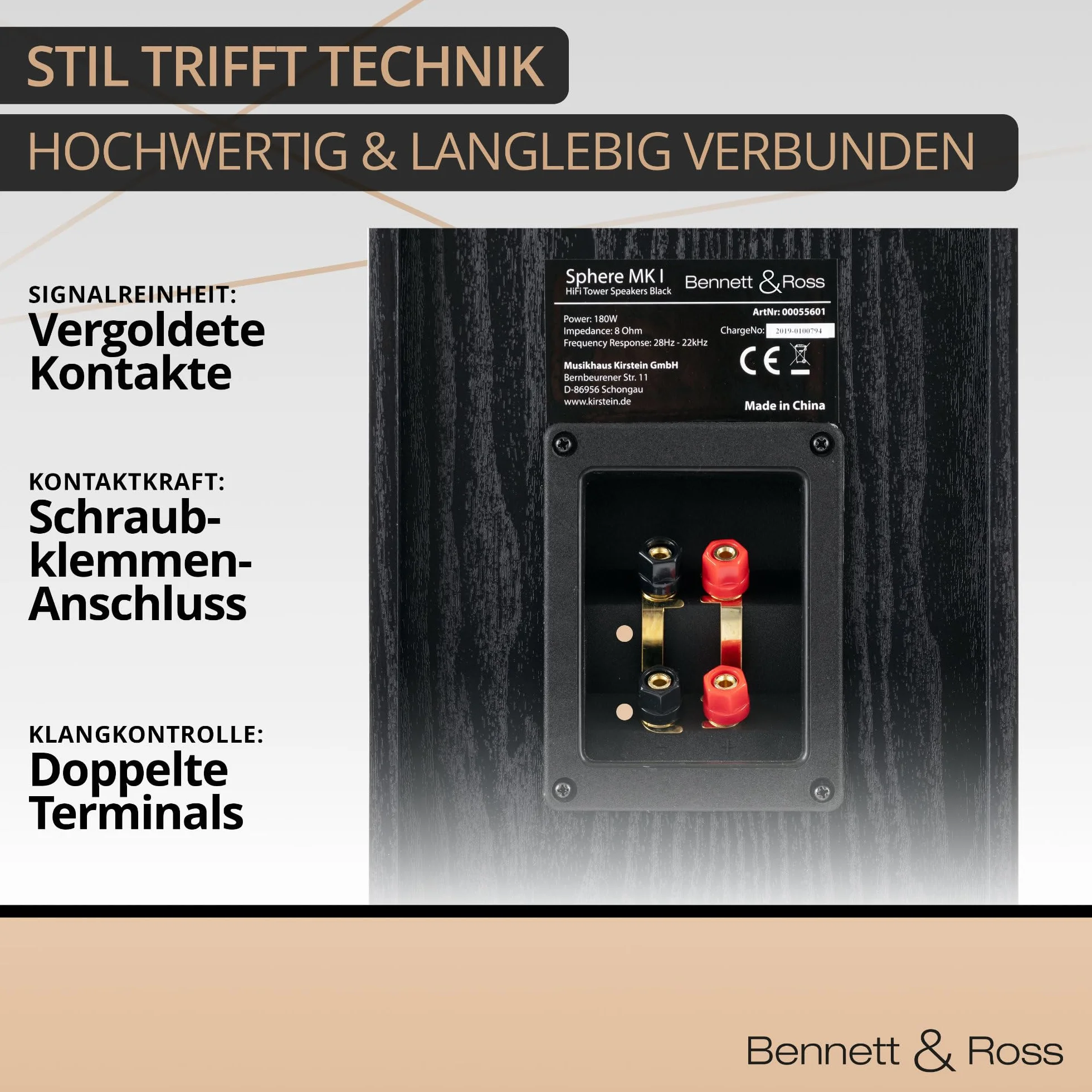 Bennett & Ross Radiant 3-drożny głośnik stojący HiFi (350 W RMS, 6,5" głośnik niskotonowy, 6,5" głośnik średniotonowy, 1" głośnik wysokotonowy, konstrukcja bass reflex, rysunek słojów o wyglądzie