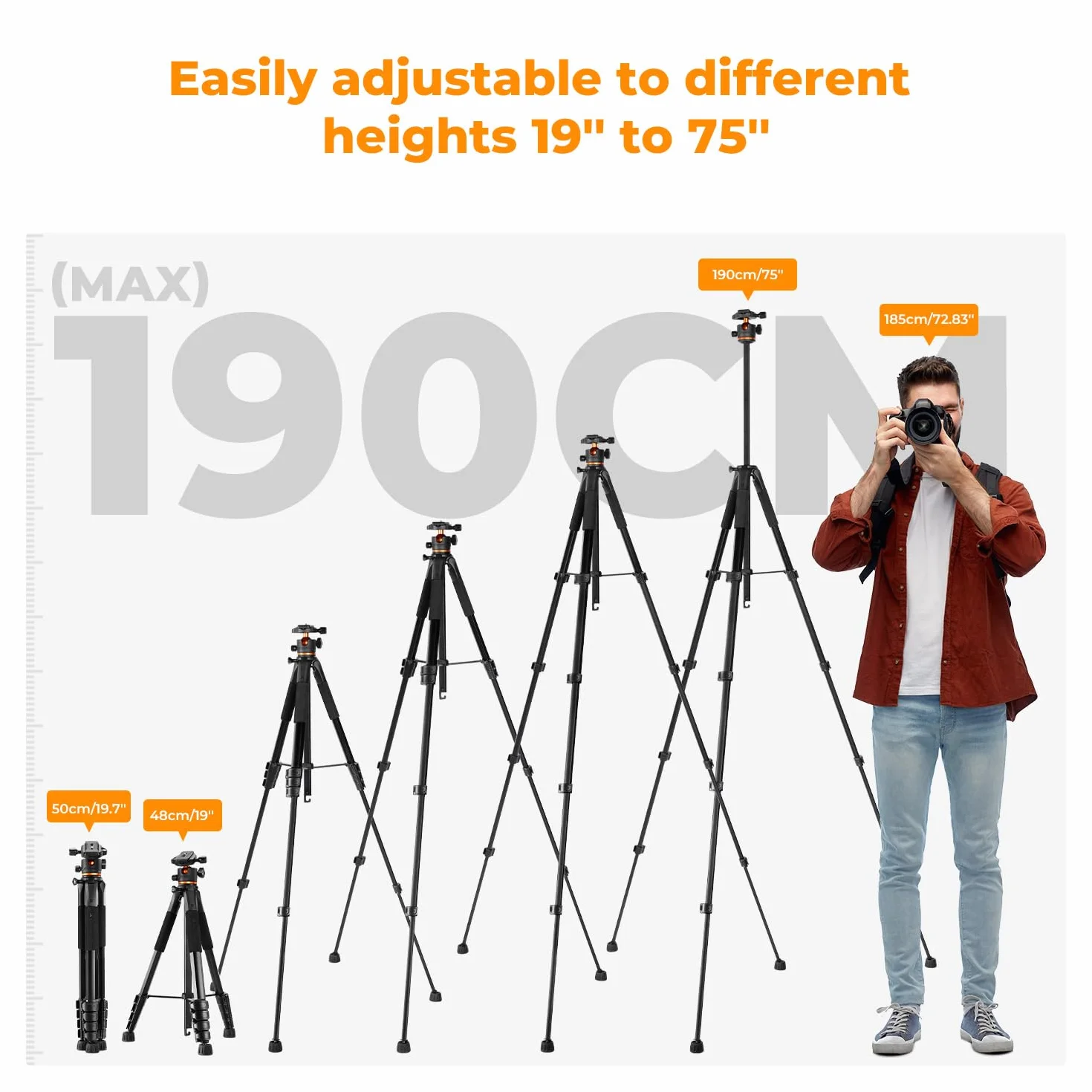 K&F Concept Statyw do aparatu i smartfona 190 cm/75", aluminiowa podpórka fotograficzna S255A3+BH-36 z pilotem Bluetooth i głowicą kulową, kompaktowy statyw do lustrzanek cyfrowych/iPad/Live Streaming