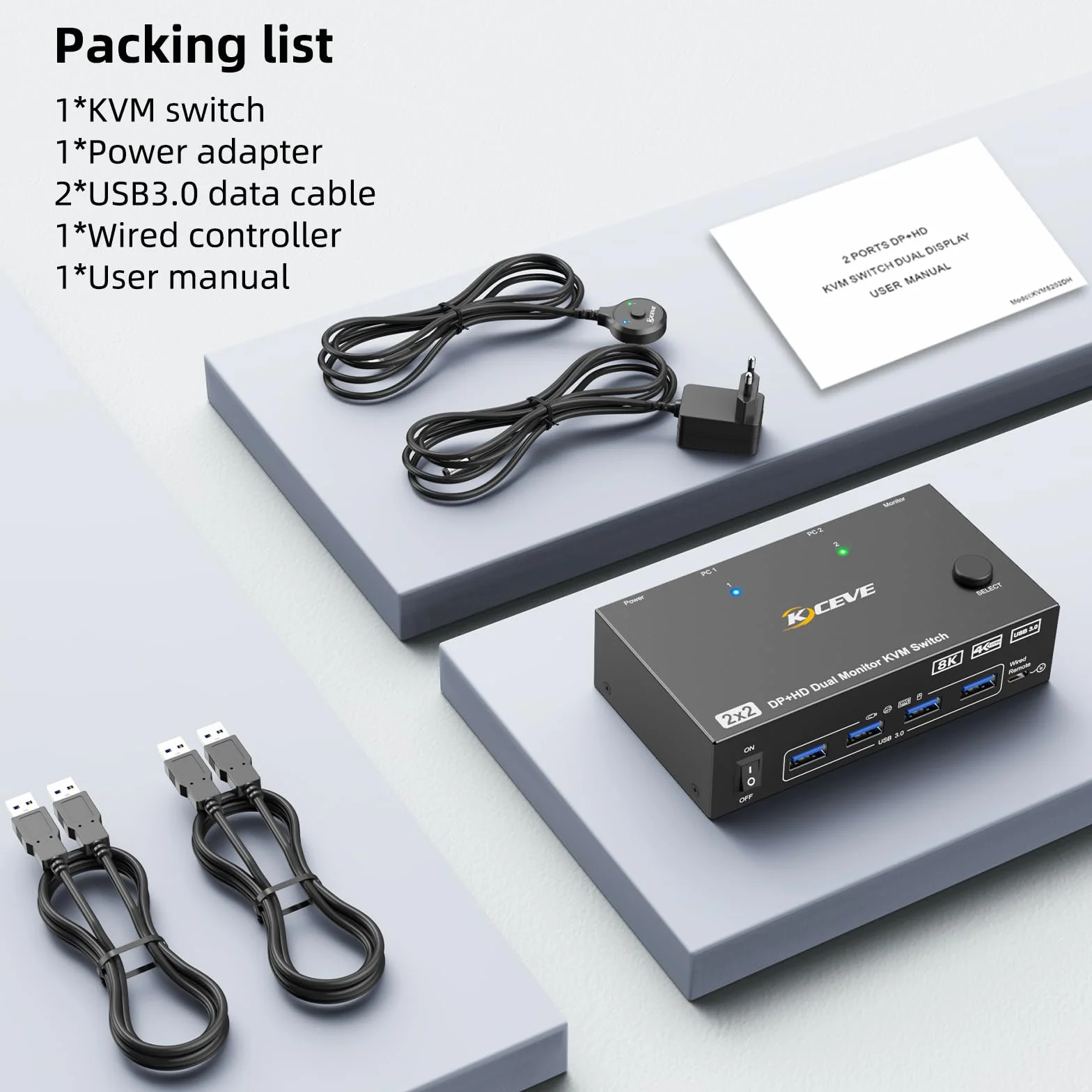 Przełącznik KVM 8K 2 PC 2monitor 8K 60 Hz 4K 144 Hz DP + HDMI Dual Monitor Switch do 2 Monitorów USB 3.0, Pilot Zdalnego Sterowania, Zasilacz 12 V i Kabel USB