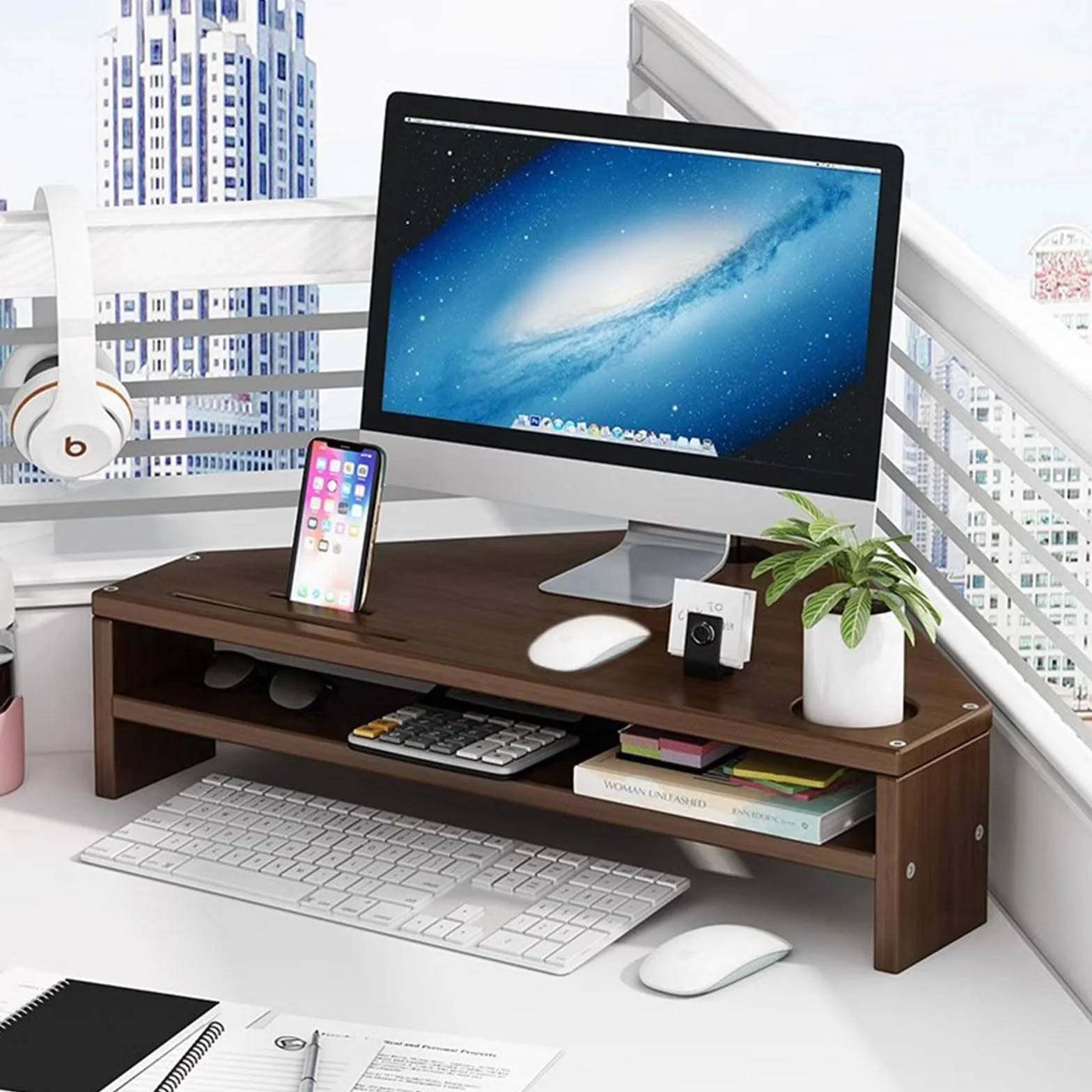 Monitoruj stojak z przechowywaniem 2-poziomowy stojak na monitor z zarządzaniem uchwytem telefonu i kablami Laptop Computer Desk Organizer Stand, For Home & Office,Walnut