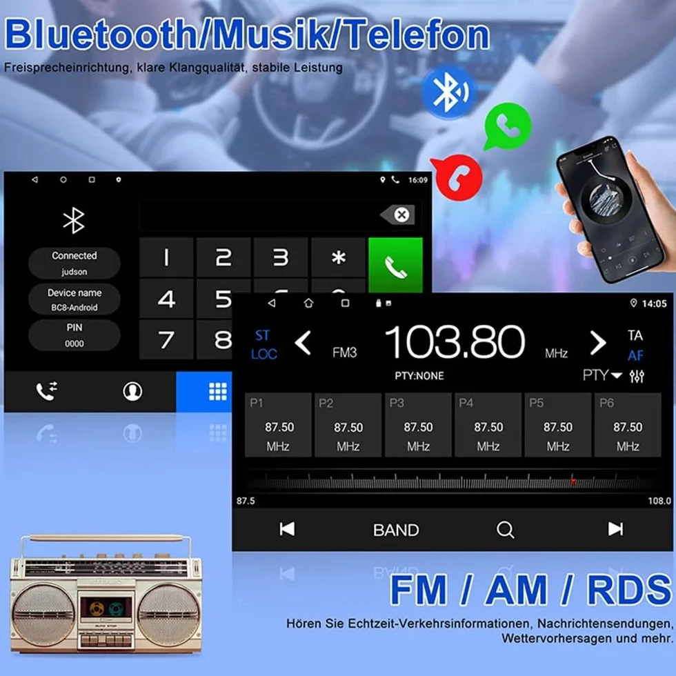 2+64G Podwójny Din Radio samochodowe do Ford Ka 2008-2014 Wireless Carplay Android Auto 9"IPS-Touchscreen Android 14 Autoradio GPS-Navigation Bluetooth FM RDS Kamera cofania WiFi Mirror Link SWC