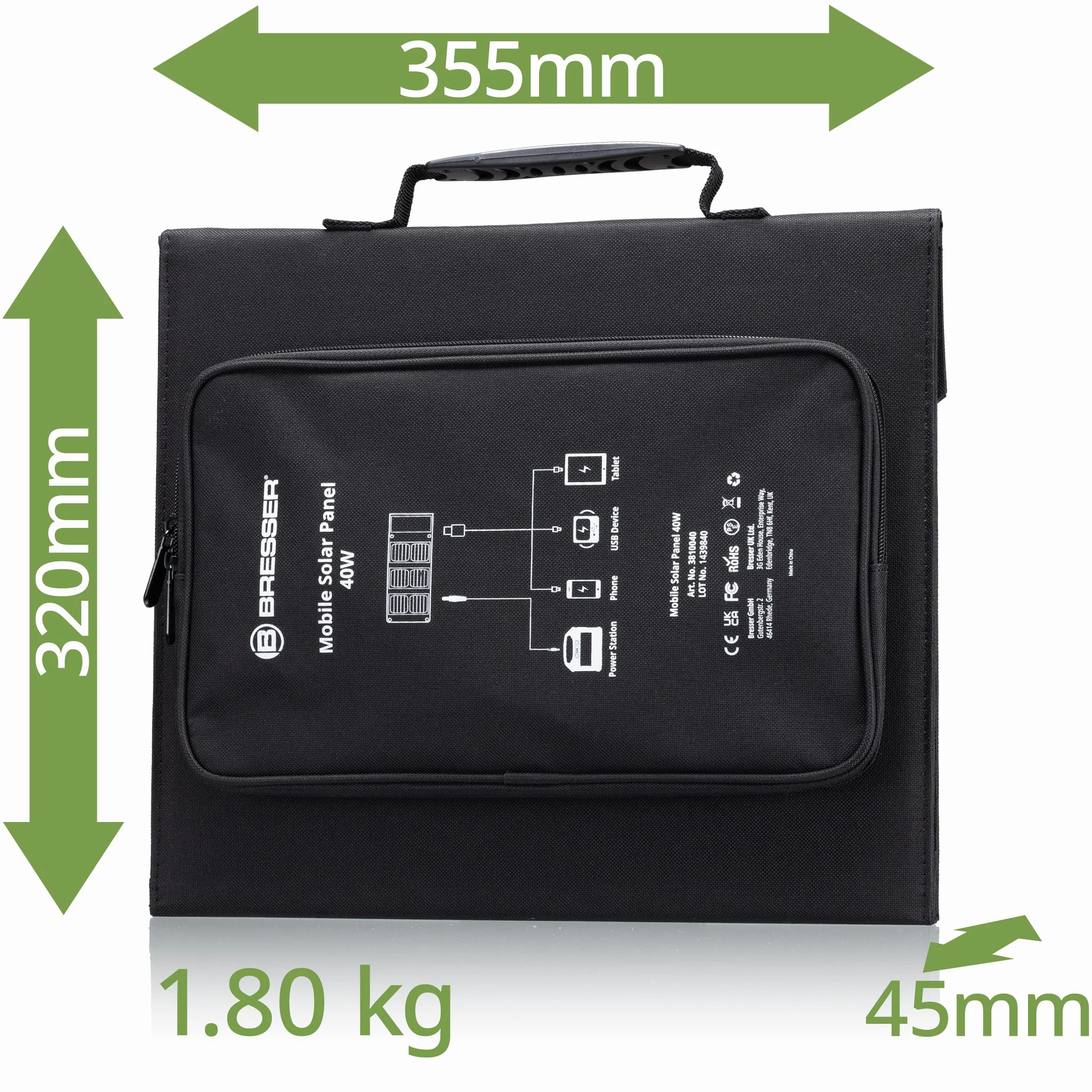 Bresser Ładowarka solarna 40 W z 1 portami DC i 3 portami USB-A wraz z gniazdem USB A z QC3.0 do szybkiego ładowania, panel słoneczny jako ładowarka do smartfonów, powerbanków itp. | 3 porty USB A z QC3.0, wyjście DC 18 V z adapterami, ogniwa monokrystali