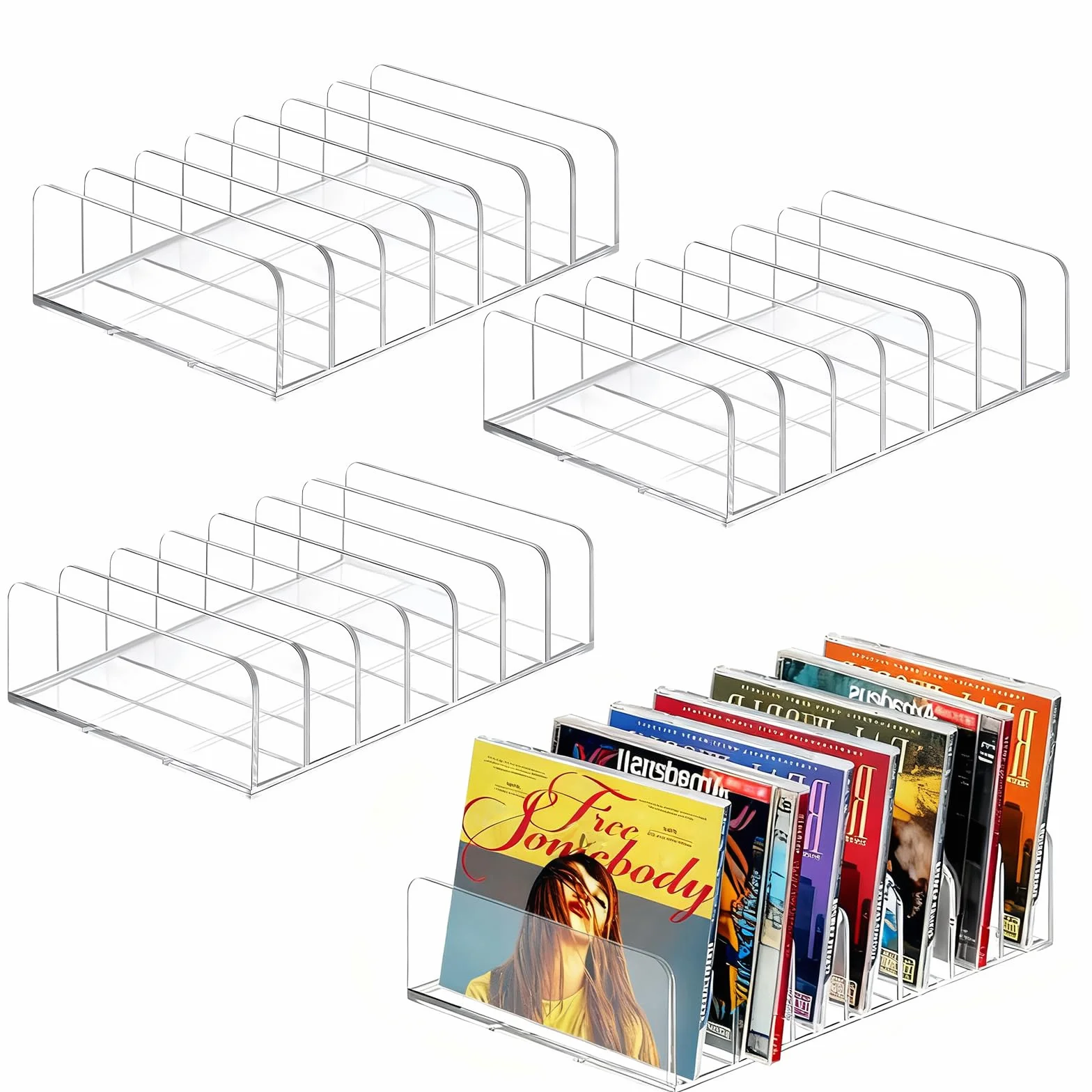 4 przezroczyste uchwyty na płyty CD, akrylowy stojak na płyty DVD, organizer na kosmetyki, wiele przegródek, regał do przechowywania kaset, kaset z grami, książek, regałów
