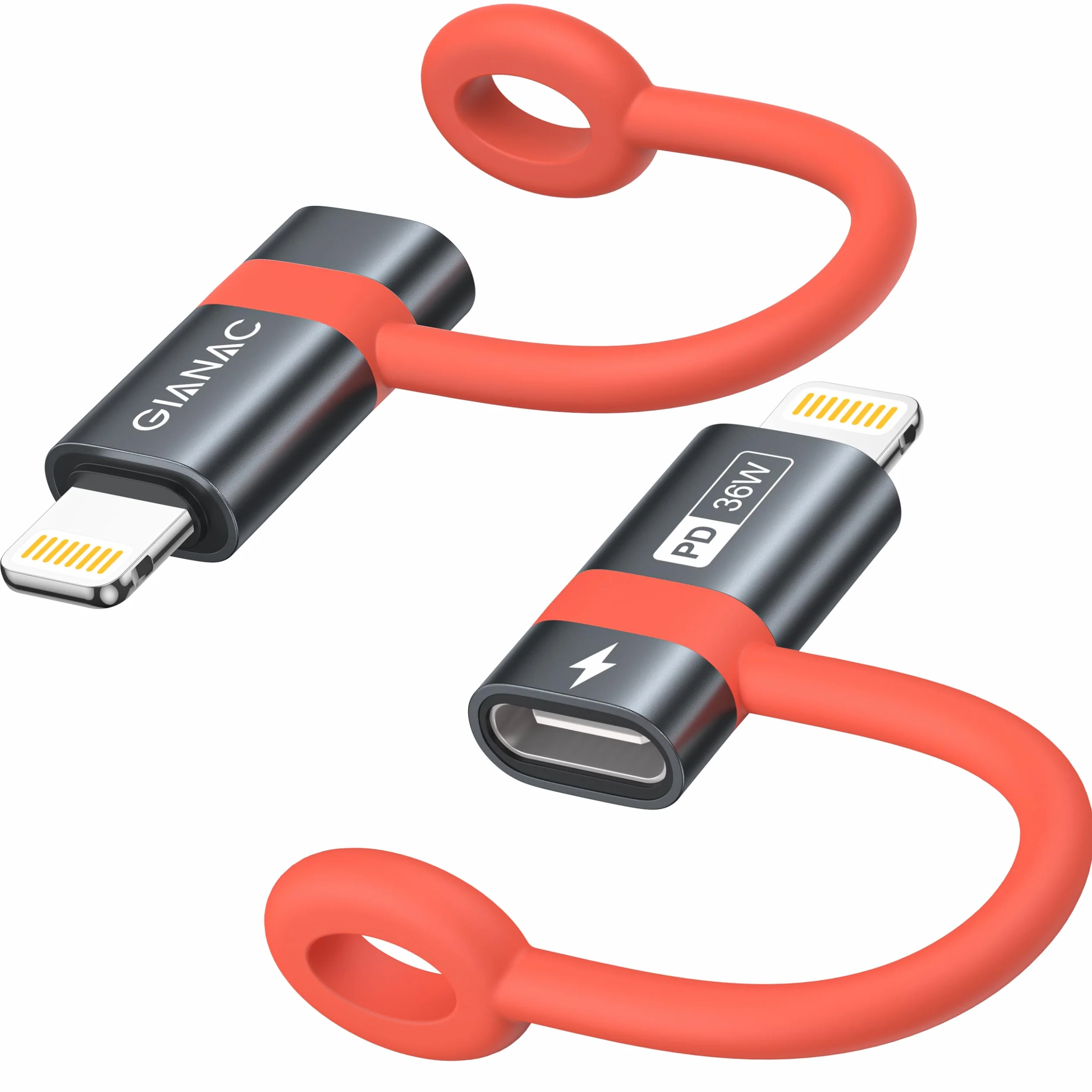 GIANAC Adapter USB C na Lightning (2 sztuki), szybkie ładowanie z linką zapobiegającą zgubieniu, adapter Lightning USB C do iPhone 14, 13, 12, 11 Pro Max, iPad Pro/Air