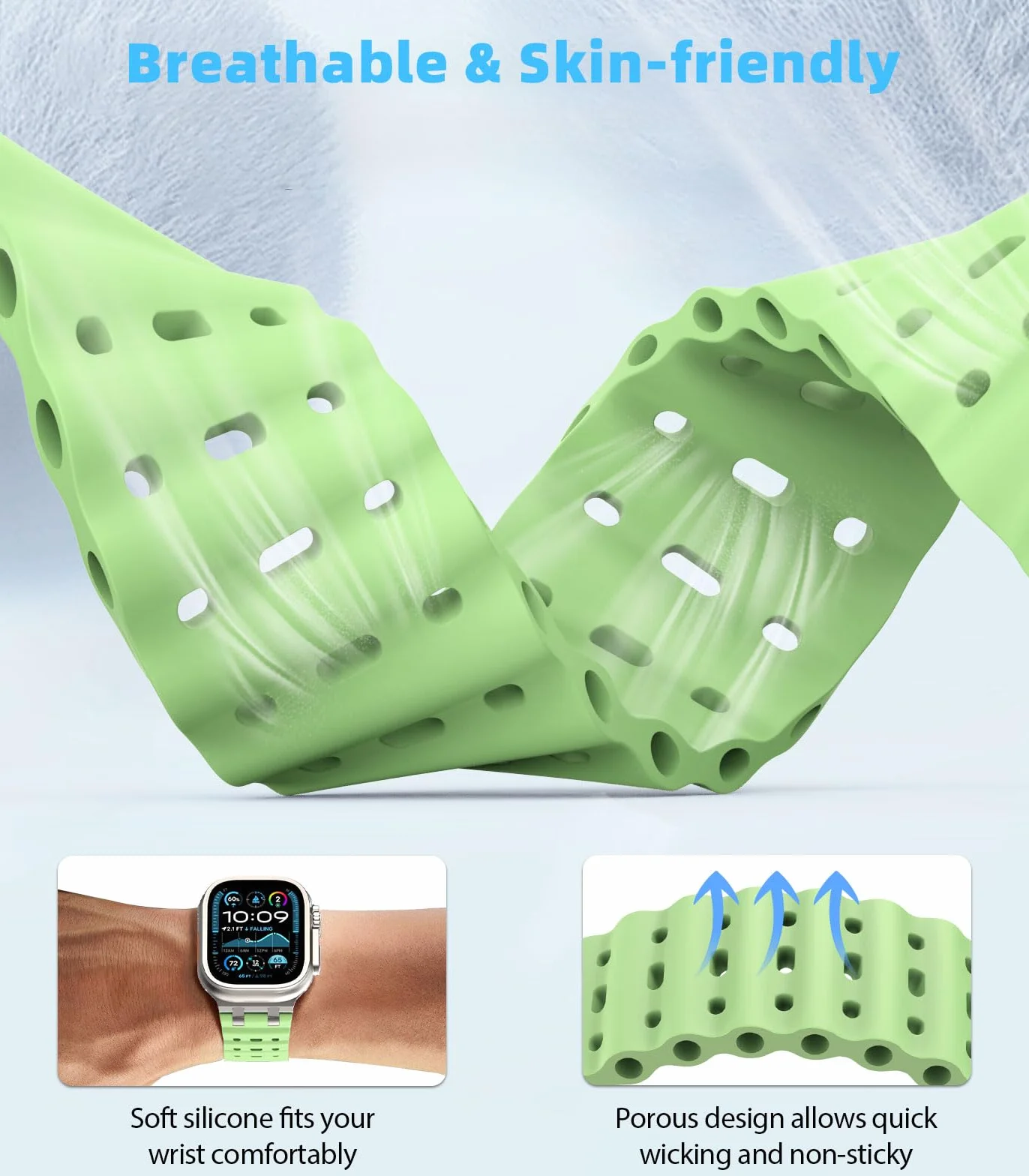 MoKo Ocean Band Compatible with Apple Watch Ultra 3/2/1 49mm, Upgraded Silicone Sports Bands 46mm 45mm 44mm for Men Women, Series 11/10/9/8/7/6/5 SE3/2/1 Breathable Strap with Metal Connector