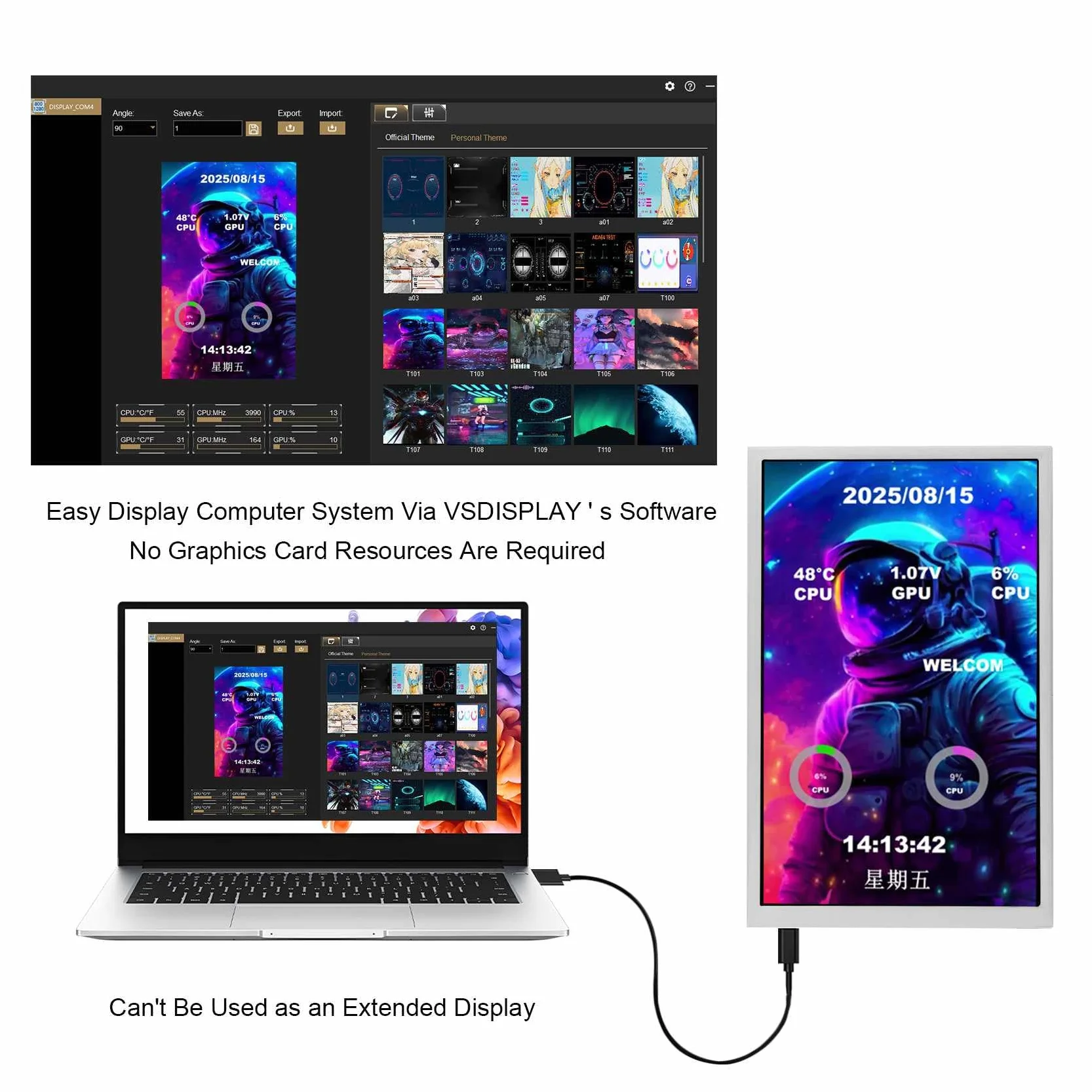 VSDISPLAY Przenośny biały 8-calowy wyświetlacz IPS LCD 800x1280 | do monitora obudowy komputera, obsługiwany dynamiczny motyw
