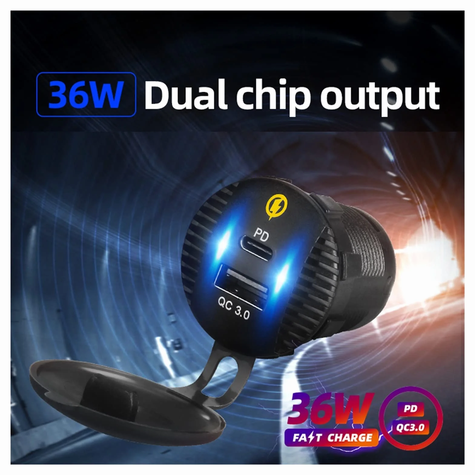 Ładowarka samochodowa, Gniazdo samochodowe USB 12 V typu C, montaż na panelu, 2-portowe(Pd and Qc3.0 Port)