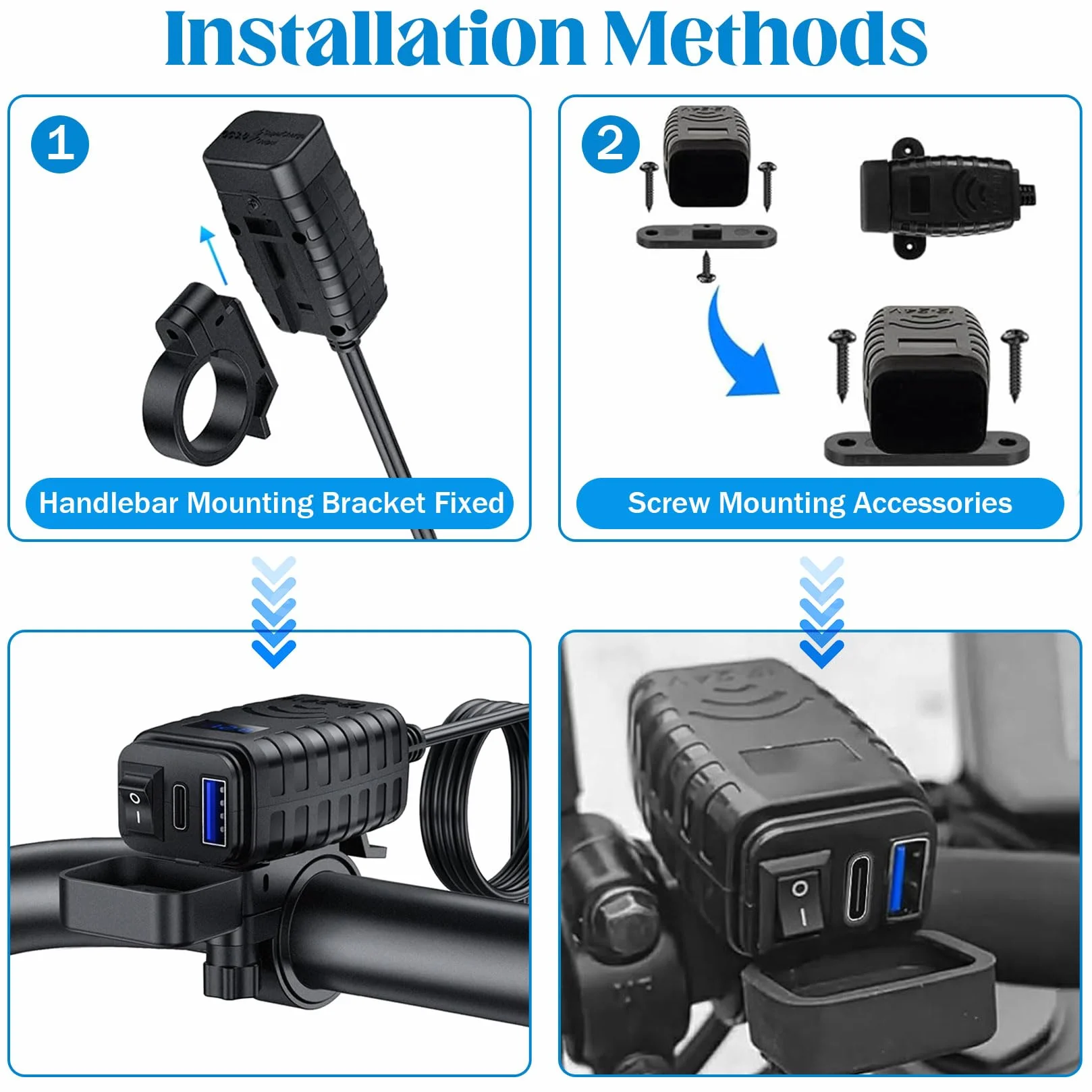 Idota Motocyklowe gniazdo USB Multi kabel USB adapter szybkozłączki | Wodoszczelna ładowarka z włącznikiem/wyłącznikiem i funkcją Quick Charge typu C do motocykli i kamperów