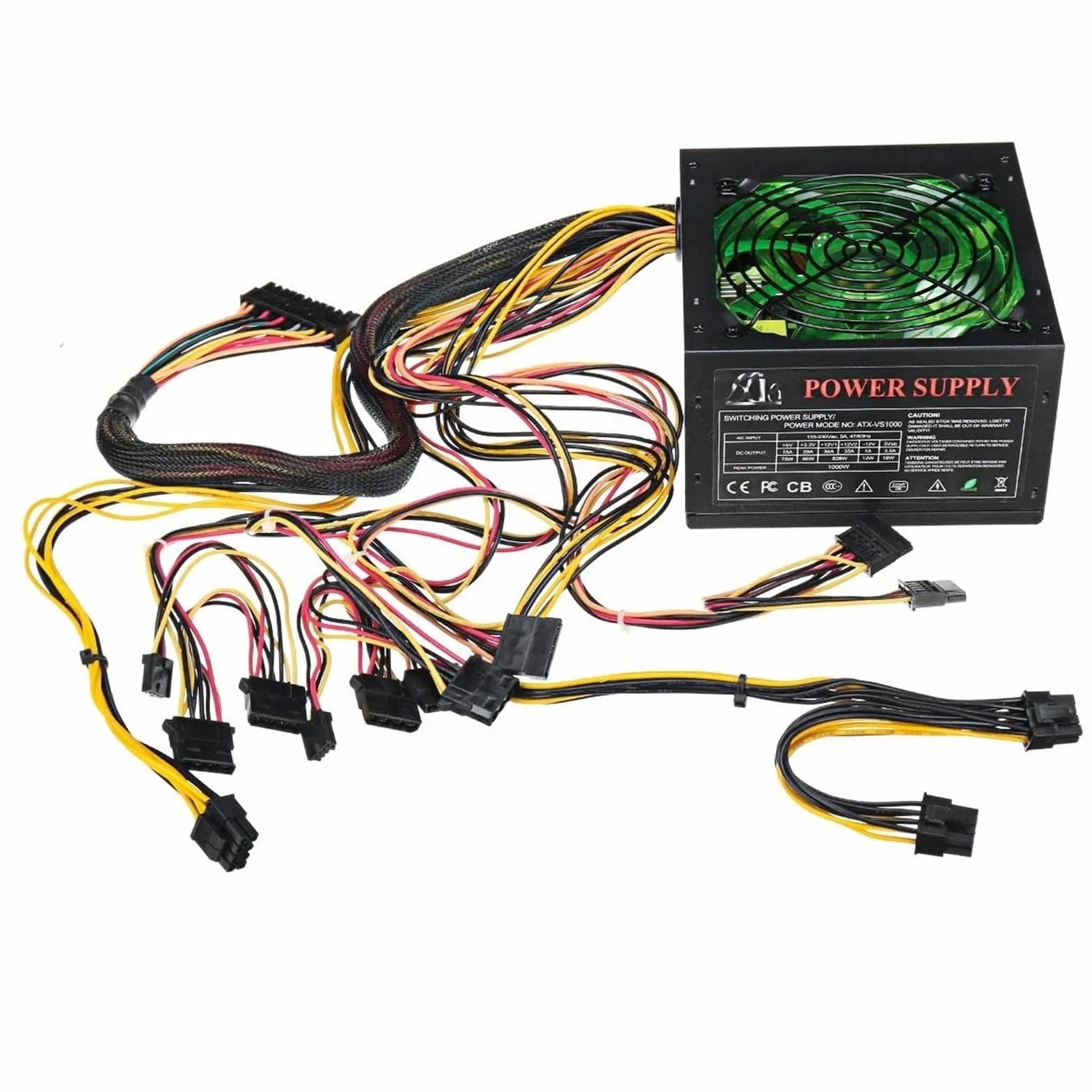 PURYN Zasilacz 1000 W 120 mm wentylator LED 24-pinowy PCI SATA ATX 12 V zasilacz komputerowy do obudowy komputera PC