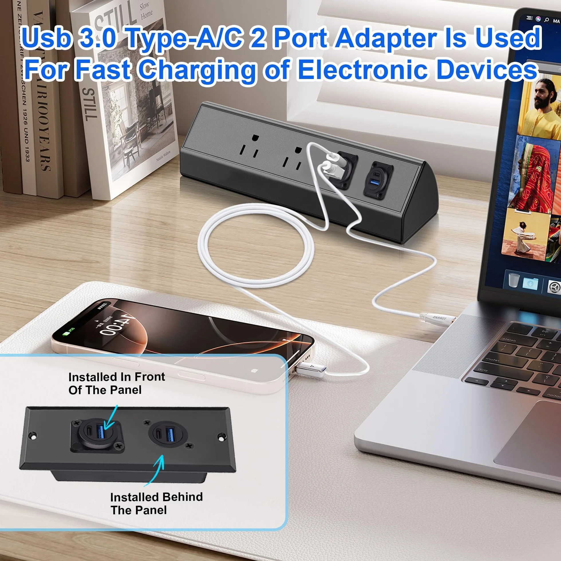 Podwójny adapter USB 3.0 i panel typu C, gniazdo przejściowe typu D z USB A 3.0 + podwójne porty USB C 3.1 do samochodu/domu/przemysłu (szybkie ładowanie danych i ładowanie)