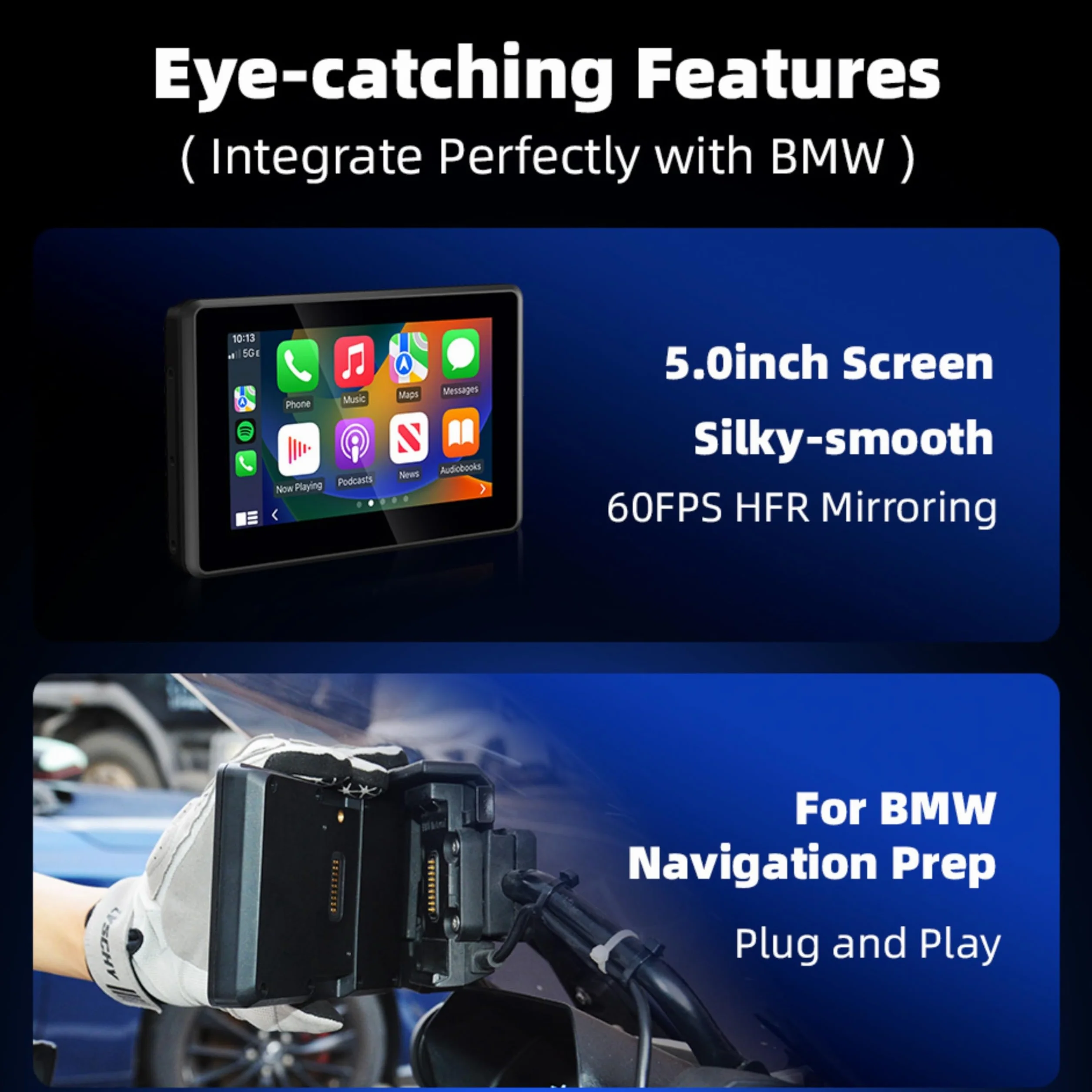 5-calowy ekran CarPlay do motocykla BMW, sterowanie Wonder Wheel, CANBUS Plug & Play, bezprzewodowy Apple CarPlay i Android Auto, wodoodporny ekran GPS