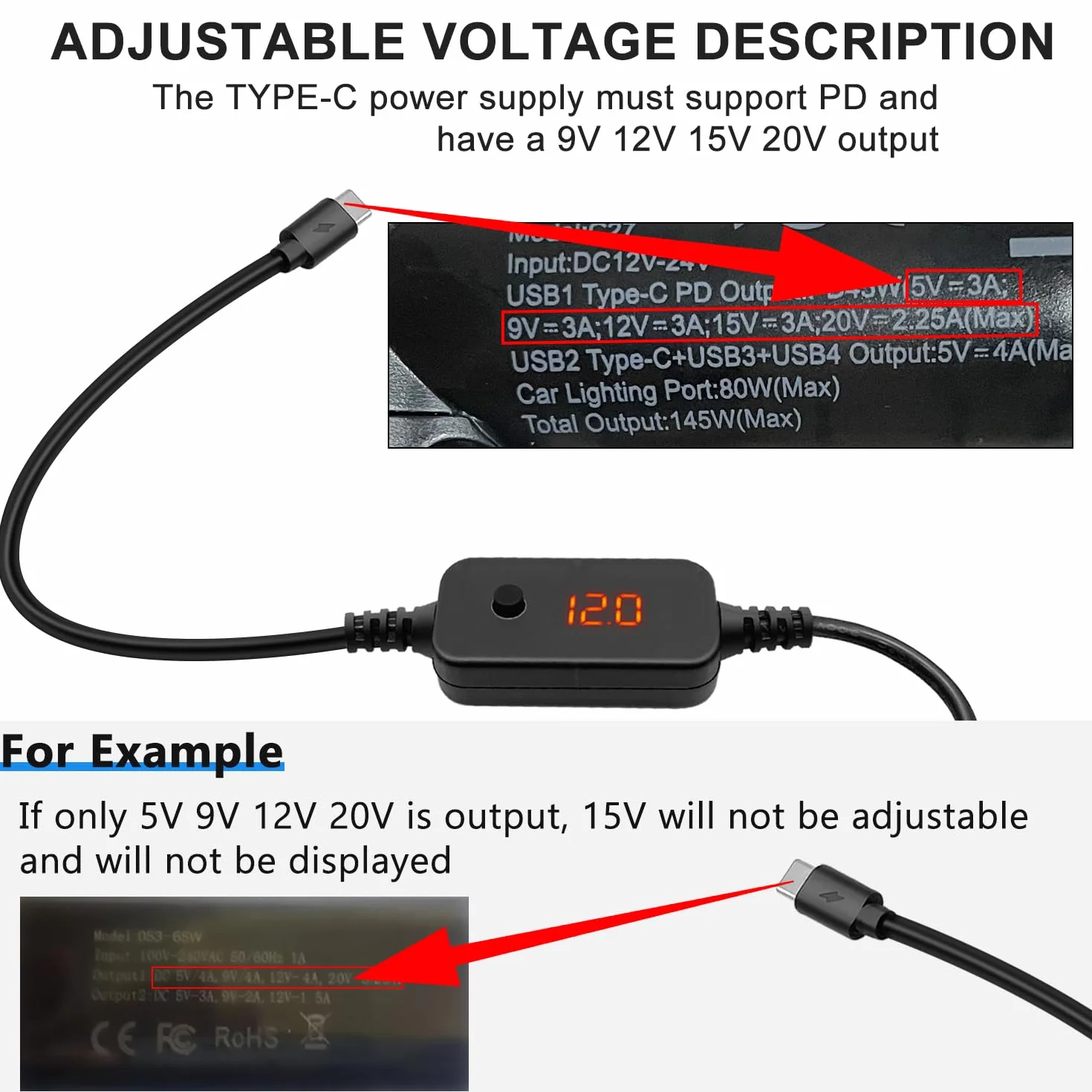 kabel adapter USB-C PD do DC [5V/9V/12V/15V/20V Regulowane] z 10 złączami DC + adapterem USB | Kompatybilny z laptopem, routerem, monitorem, kamerą | złącze 5,5×2,1mm | 1,2m (60W Power