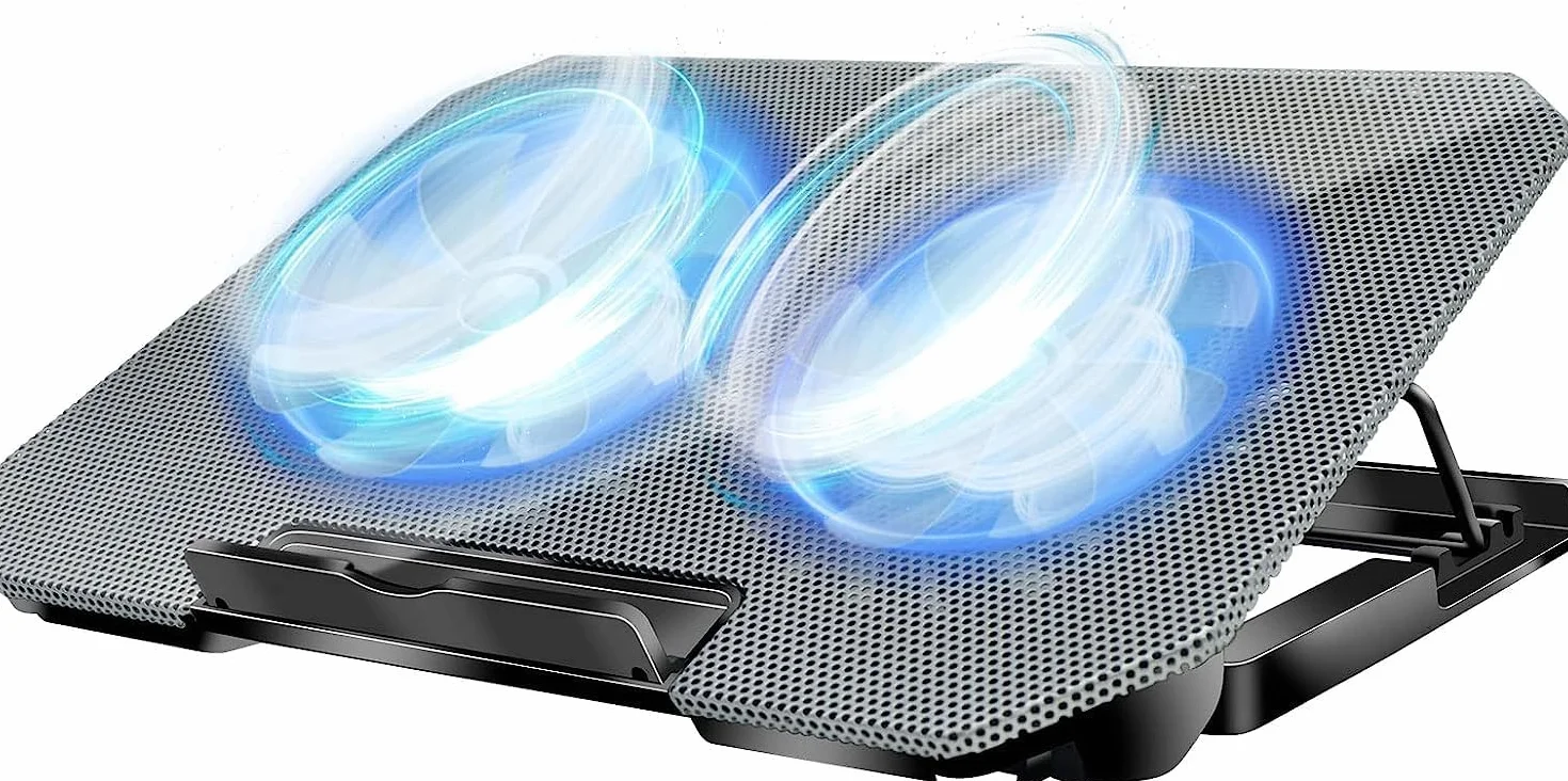 Podkładka chłodząca do laptopa, mata chłodząca, 2 ciche wentylatory, światła LED i 2 porty USB, 5 wysokości i z regulowaną prędkością, metalowa siatka, do laptopów 23-43.2 cm (srebrna)