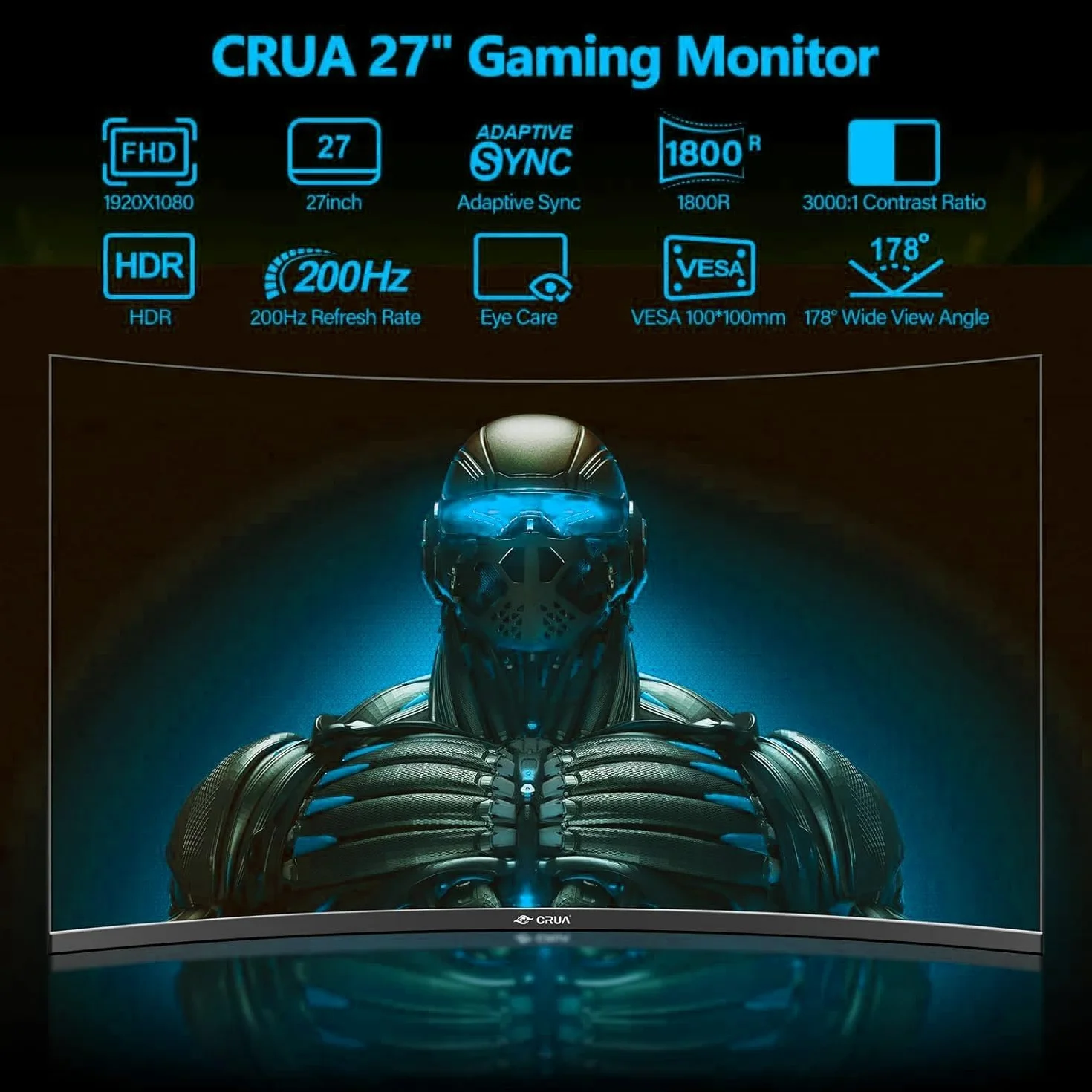 CRUA Zakrzywiony monitor do gier 27 cali 180 Hz/200 Hz, monitor komputerowy FHD 1080P 1800R, 1 ms GTG z FreeSync, niskie rozmycie ruchu, ochrona oczu, VESA, DisplayPort, HDMI,