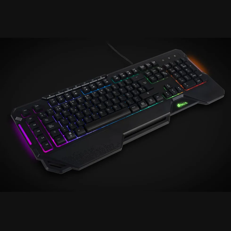 NGS GKX-450 klawiatura membranowa do gier z oświetleniem RGB, włoska klawiatura QWERTY, programowalna, 19 klawiszy multimedialnych, kabel 1,8 m, czarna