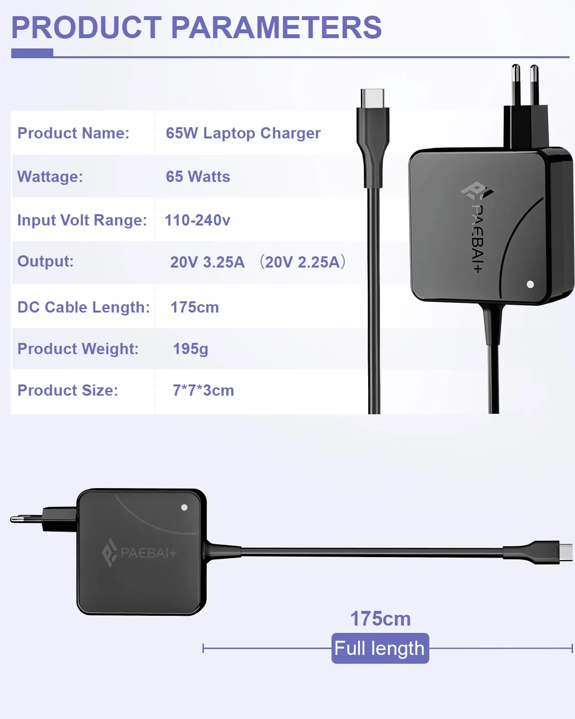 Ładowarka laptopa USB C 65W do Huawei Matebook D14 D15 13 14 15, ASUS Zenbook 14 13, Lenovo Thinkpad Dell Latitude XPS, HP Spectre Samsung Chromebook 20V 3,25A Typ C Charger Adapter