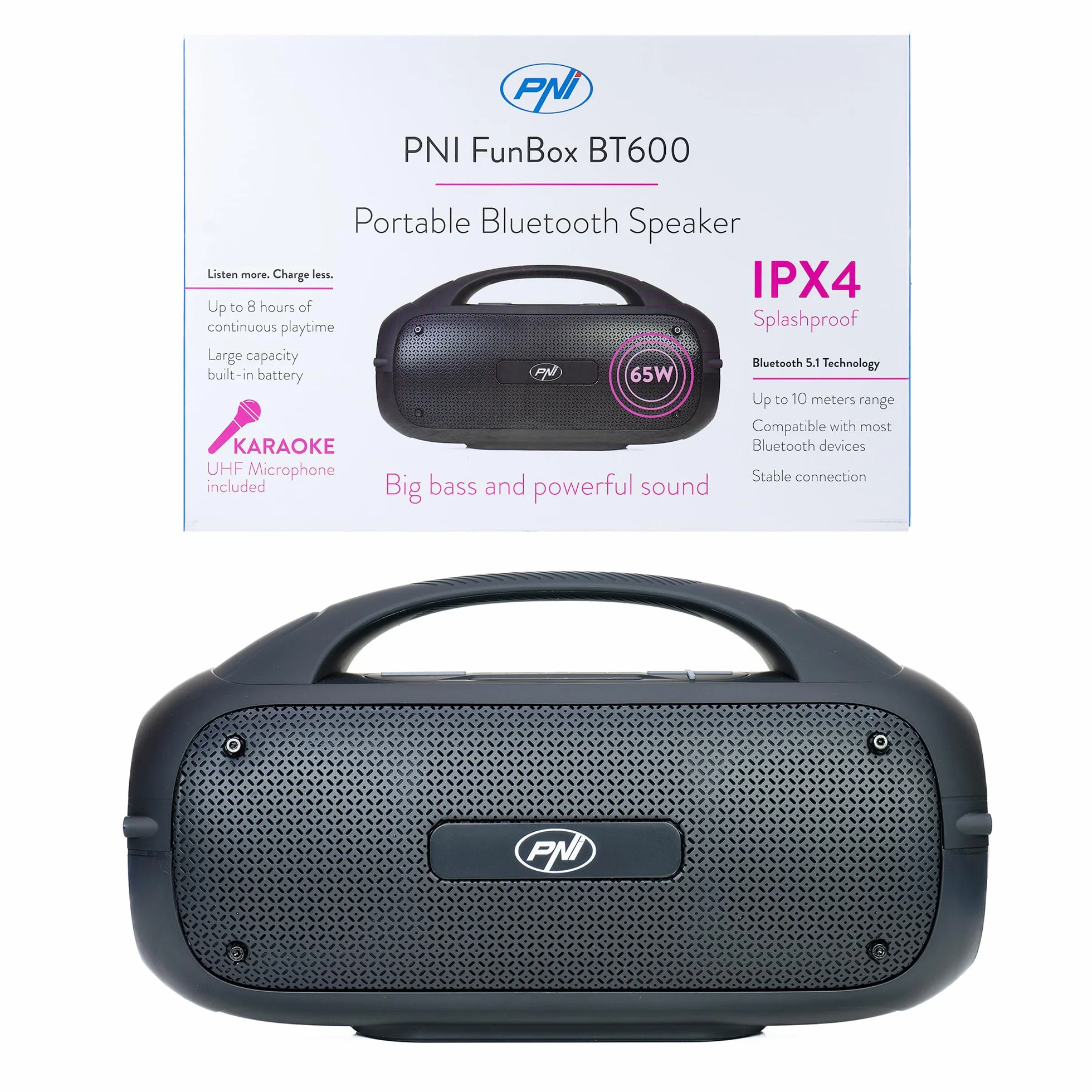 PNI FunBox BT600 przenośny głośnik, Bluetooth, 65 W, odtwarzacz MP3, czytnik kart, USB, mikrofon bezprzewodowy, bateria 4400 mAh, IPX4
