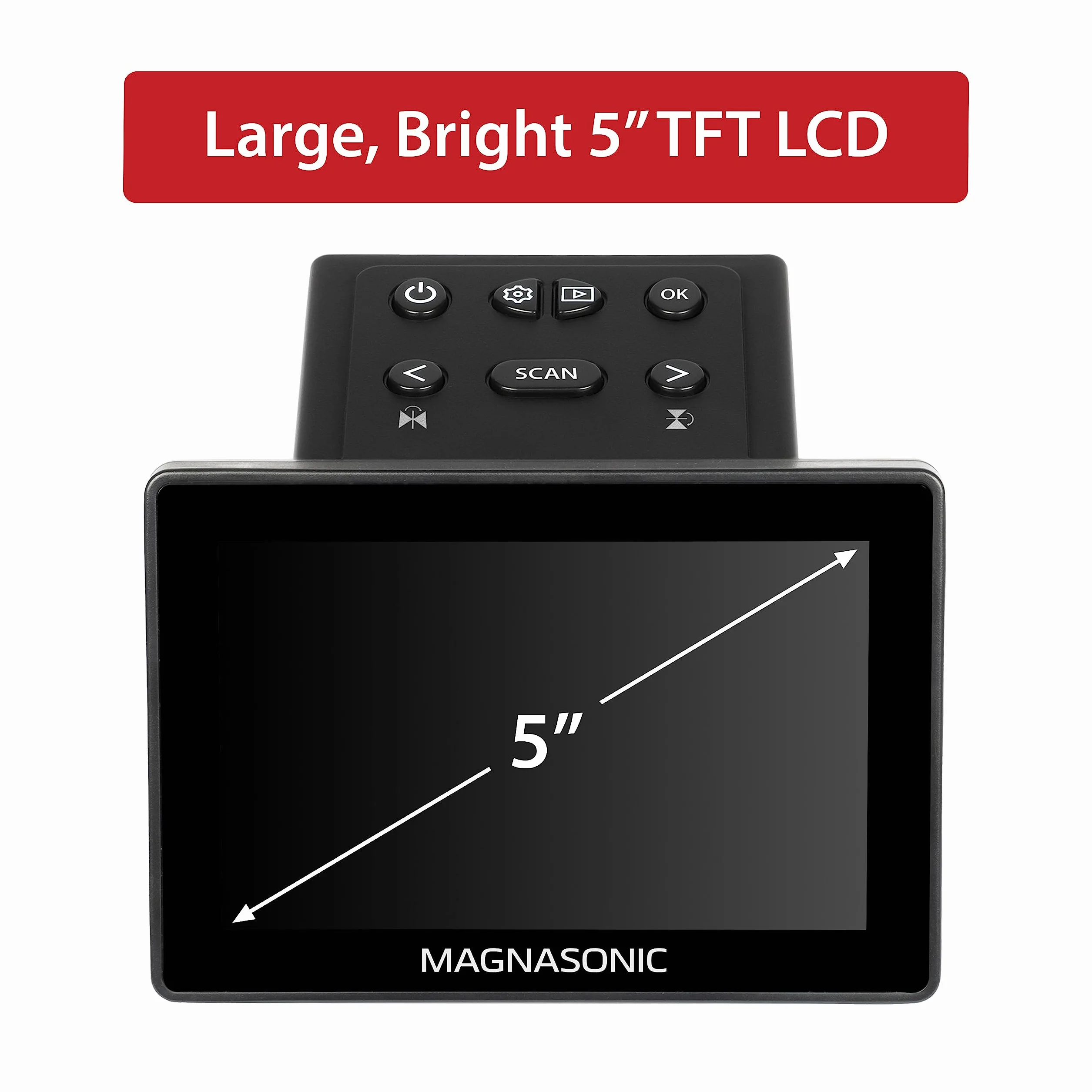 Skaner do filmów Magnasonic All-in-One 25MP z dużym wyświetlaczem 5" i HDMI – konwertuje klisze 35mm/126/110/Super 8 i slajdy 135/126/110 na zdjęcia cyfrowe, wbudowana pamięć