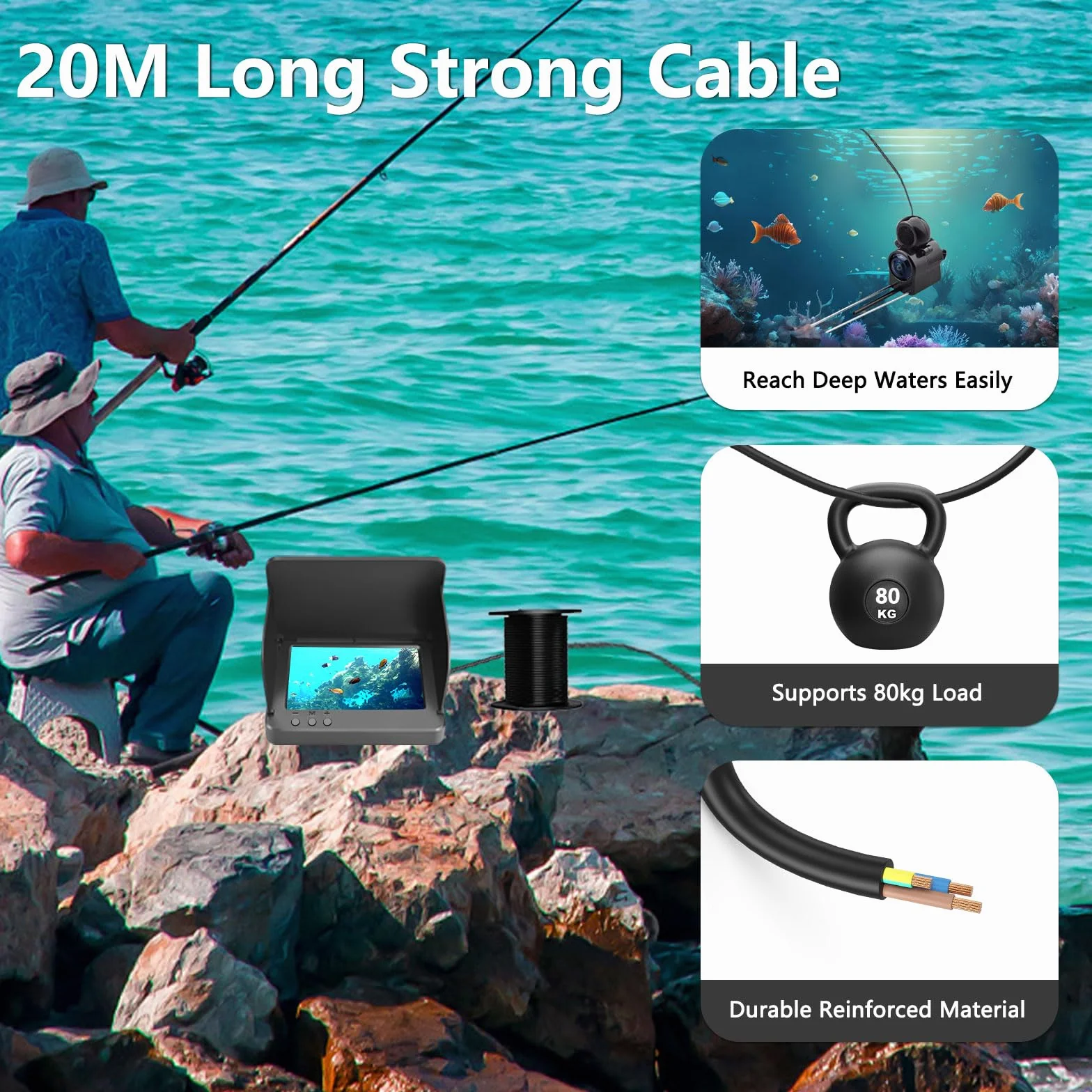 Podwodna kamera wędkarska z wyświetlaczem 4,3", przenośny FishFinder z noktowizorem, szeroki kąt widzenia 195°, FHD, wodoszczelność IP67, kabel 20 m – do łowienia na lodzie, rzece i łodzi