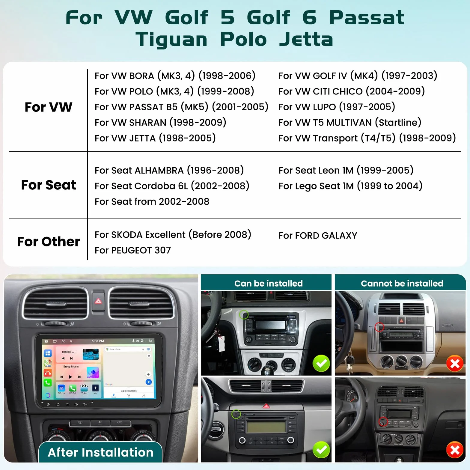 8 Core 6G + 128G DSP Hikity Android 15 radio samochodowe do VW Golf 5 6 Passat Tiguan Polo Caddy Seat, 9-calowy ekran dotykowy radio samochodowe z bezprzewodowym CarPlay Android Auto GPS WiFi RDS/FM