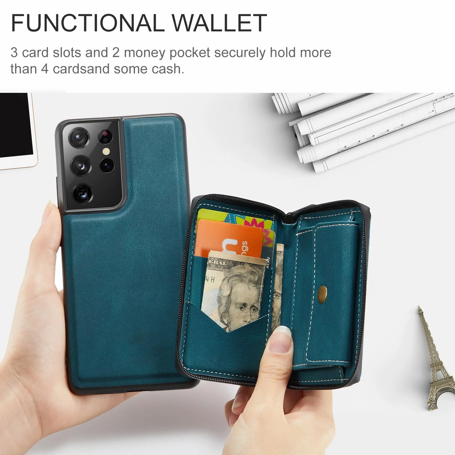 Skórzane etui do Samsung Galaxy S24 Ultra/S24 Plus/S24, ultracienkie etui portfelowe z kieszenią na zamek błyskawiczny, etui premium biznesowe, odporne na wstrząsy, niebieskie, S24 Ultra