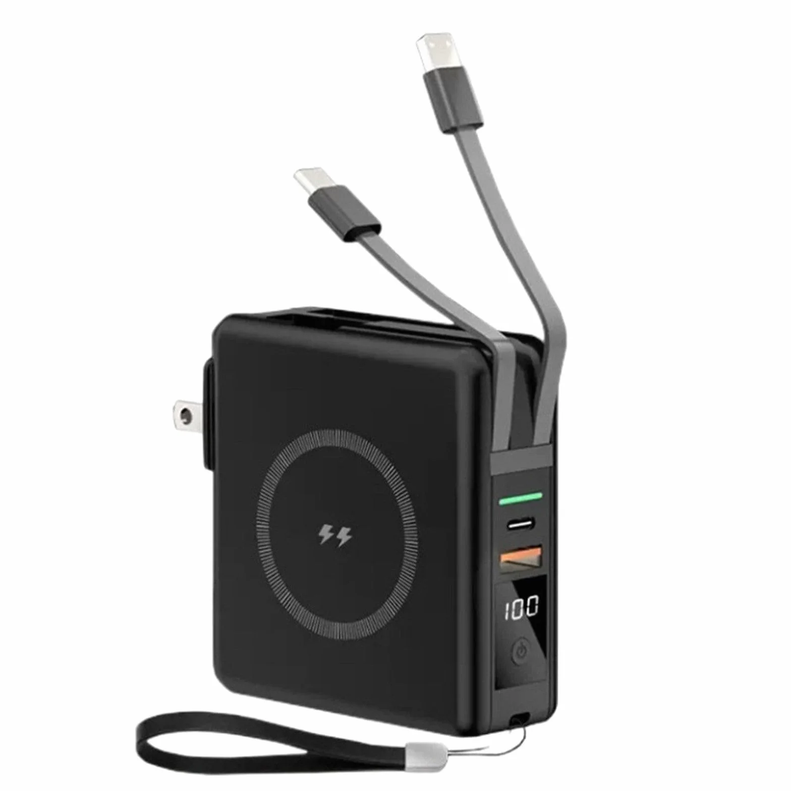 Ładowarka bezprzewodowa magnetyczna 15 W z podwójnym przewodem Pd22,5 W, szybki powerbank o dużej pojemności, przenośny zasilacz, czarny
