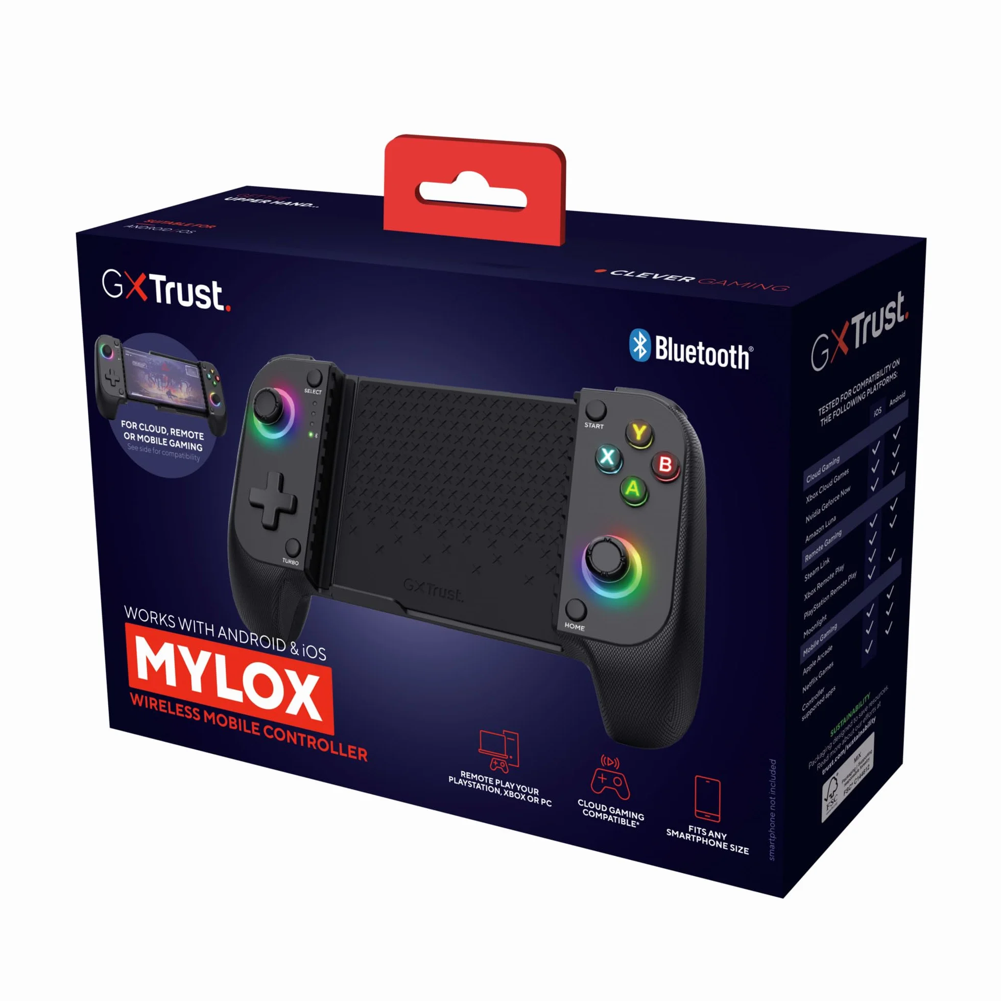 Trust Gaming GXTrust 735 Mylox Kontroler do Gier z Uchwytem na Telefon iPhone Android PS5 Xbox, Akumulator do 12h, Gamepad Bluetooth do Smartfona, Podświetlenie LED RGB, 18 Przycisków, Czarny