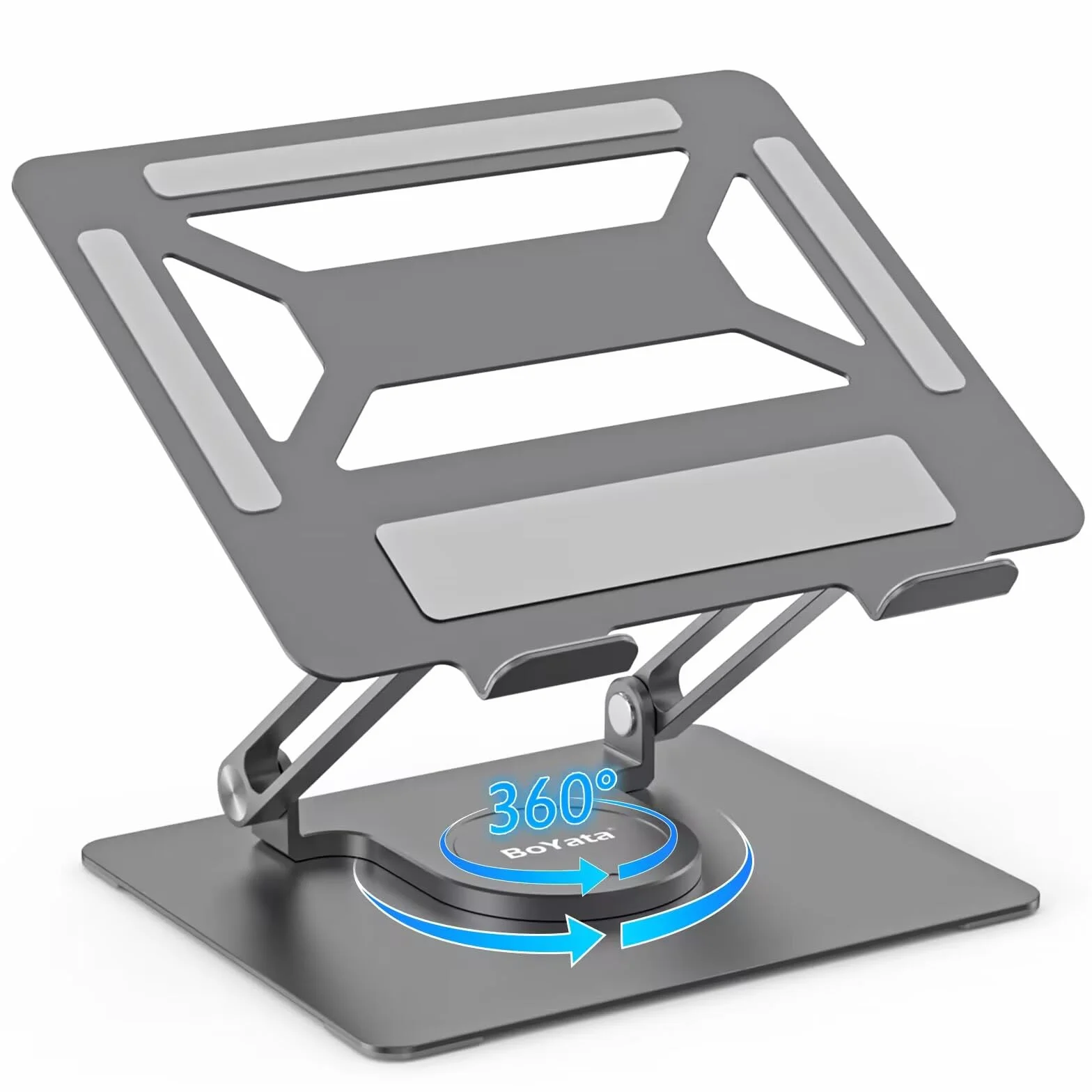 BoYata Stojak na laptopa na biurko, Regulowany stojak na komputer z podstawą obrotową 360°, Ergonomiczny, składany uchwyt na laptopa, Kompatybilny ze wszystkimi notebookami do 17"-Szary