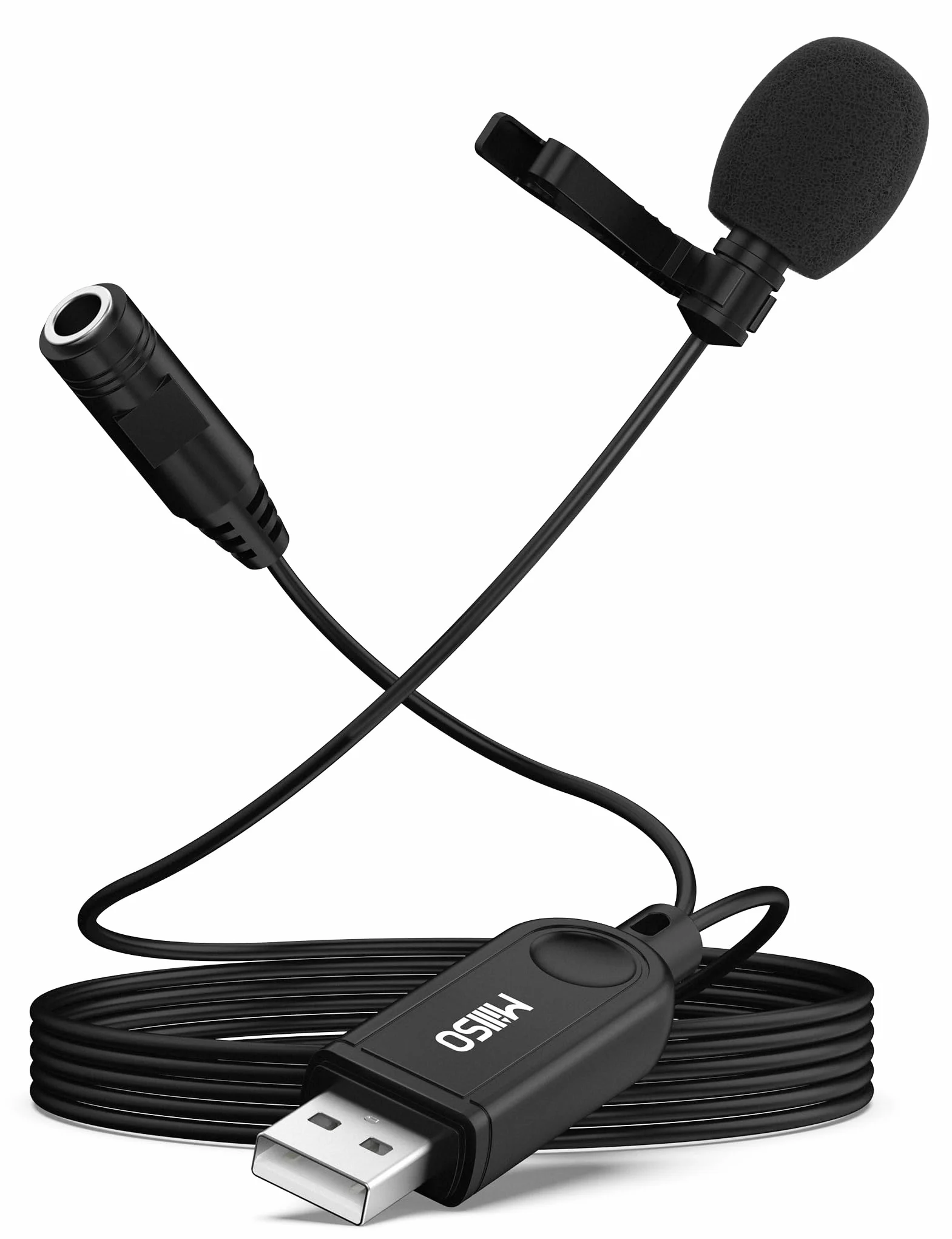 MillSO Mikrofon krawatowy USB z gniazdem 3,5 mm do monitorowania Wielokierunkowy mikrofon USB Clip-On Mini kompatybilny z laptopami, komputerami stacjonarnymi, podcastami, Skypem i śpiewaniem