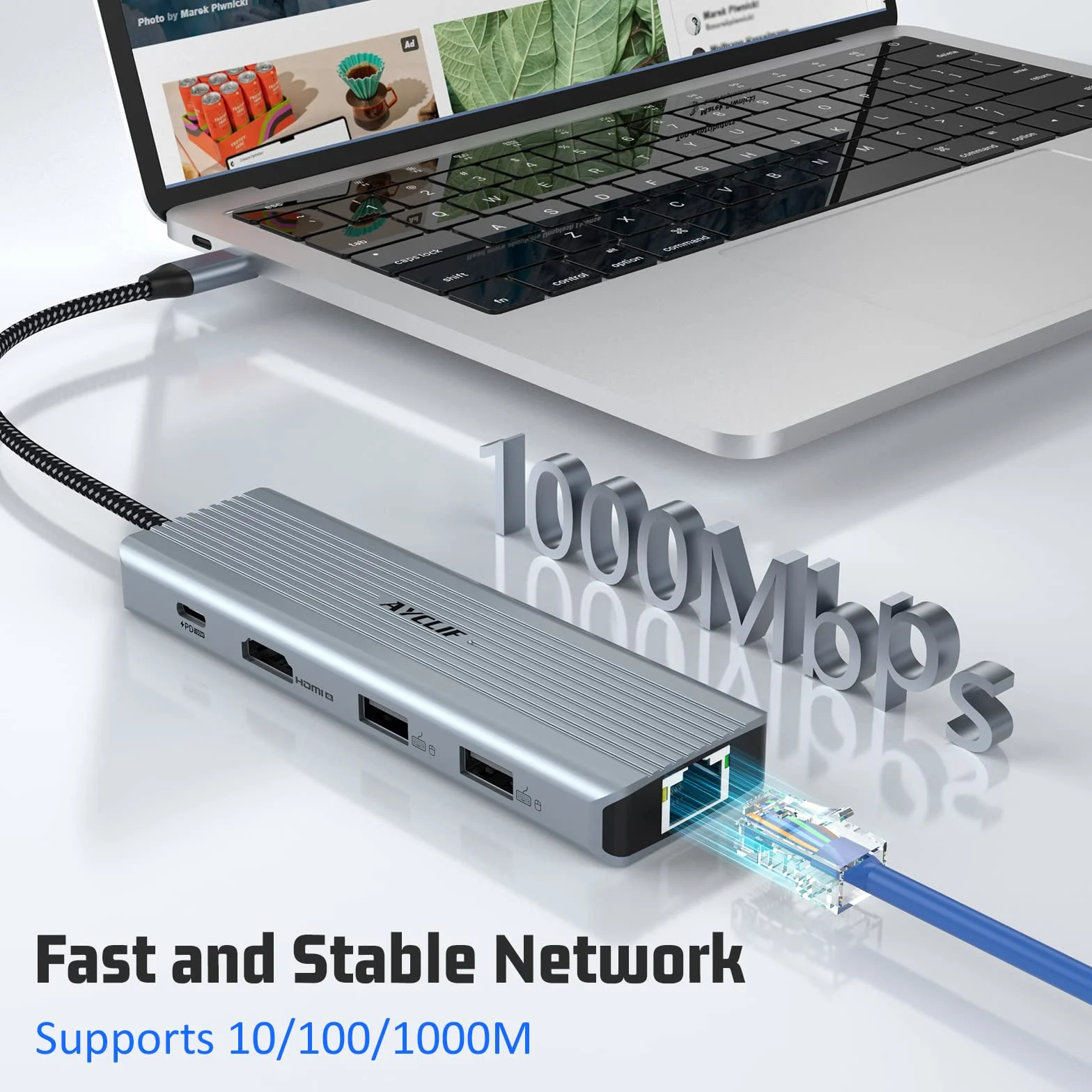 10 w 1 Dual Monitor AYCLIF koncentrator USB C, stacja dokująca, laptop USB C adapter (Gigabit Ethernet, 4K HDMI, USB 3.0, PD 100 W, 3,5 mm MIC, czytnik SD/TF) do MacBook Pro/Air, HP, Lenovo, Dell