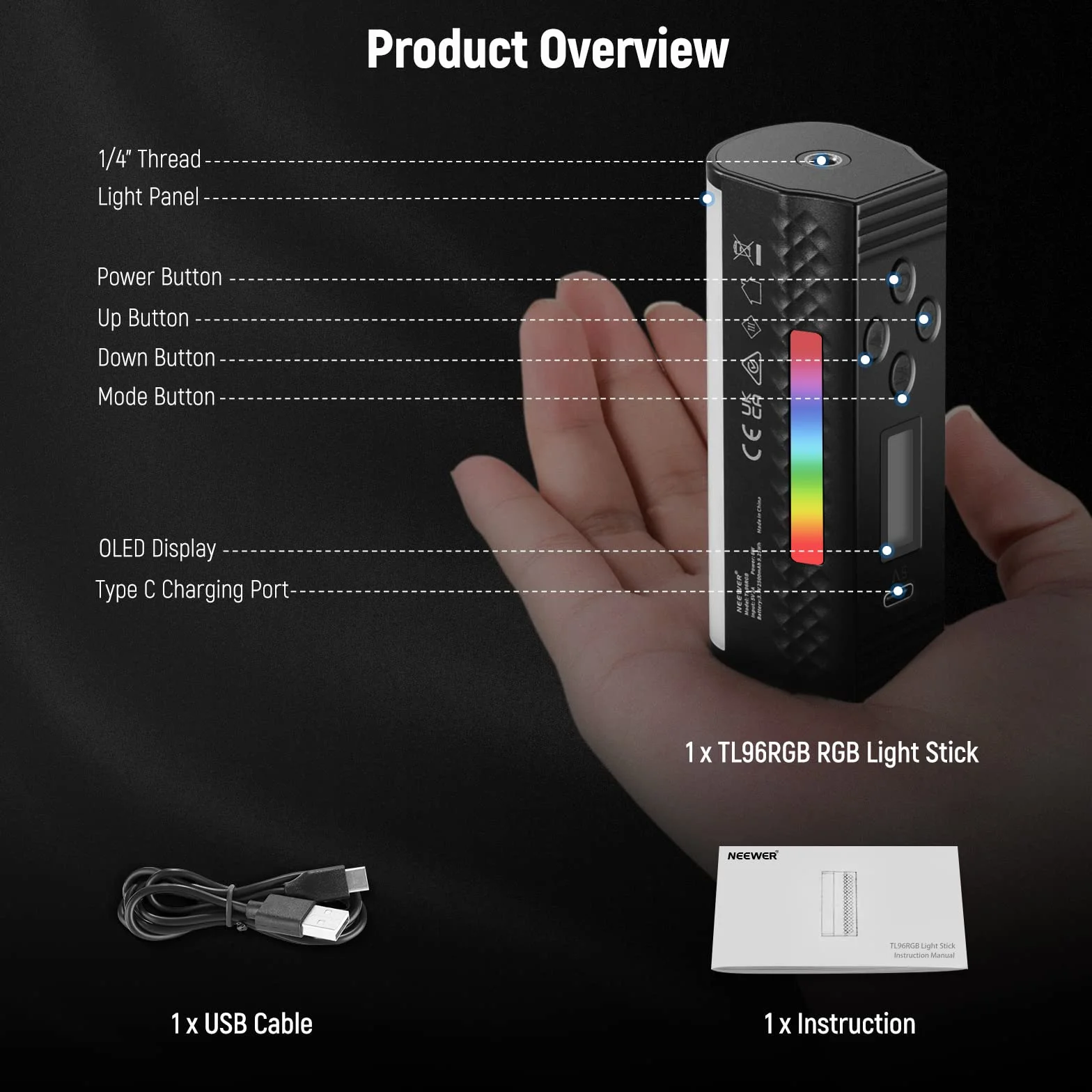 NEEWER Przenośna różdżka magnetyczna, 360° Wszystkie RGB Mini LED Video Light Stick z akumulatorem 2500 mAh, 2500-8500K Możliwość przyciemniania Kamery Tube Światło do Fotografii TikTok Youtube Vlog,