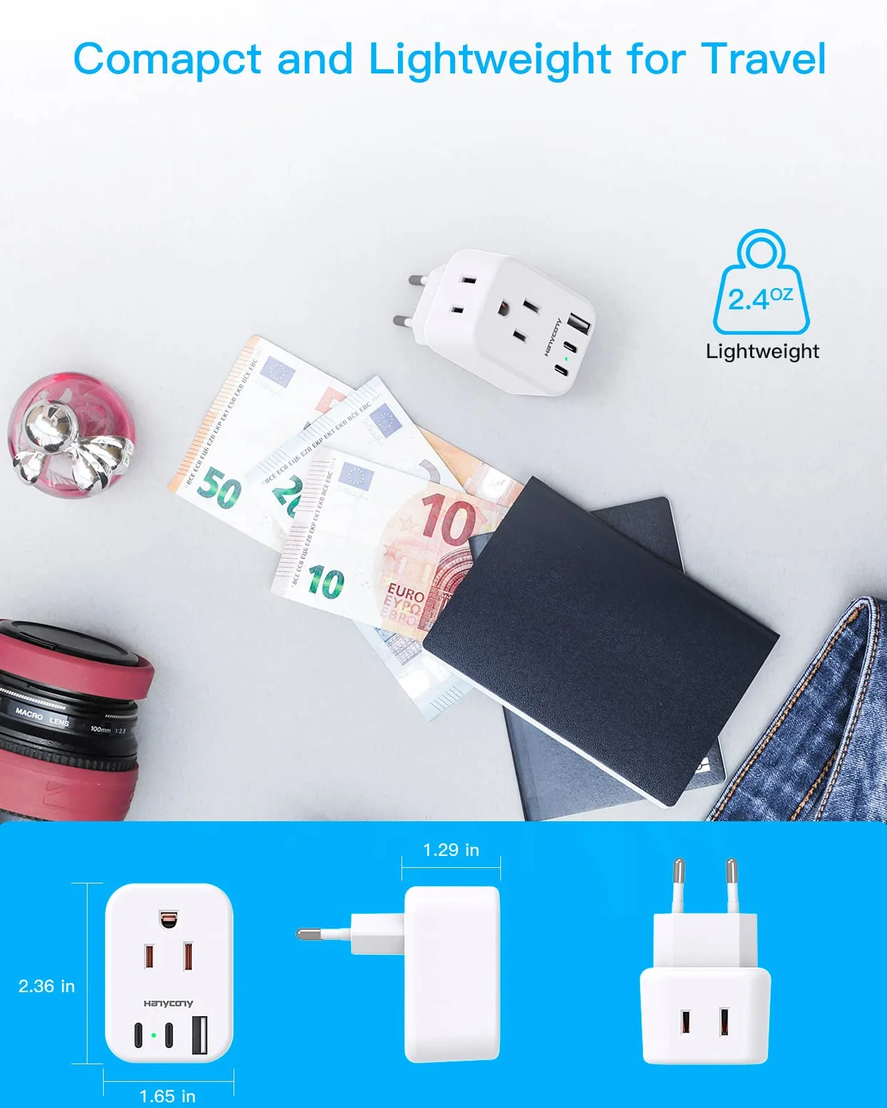 European Travel Plug Adapter USB C, International Plug Adapter, US to Europe Plug Adapter with 2 Outlets 3 USB Ports(2 USB C), Type C Power Adapter to Italy Spain France Portugal Iceland Germany