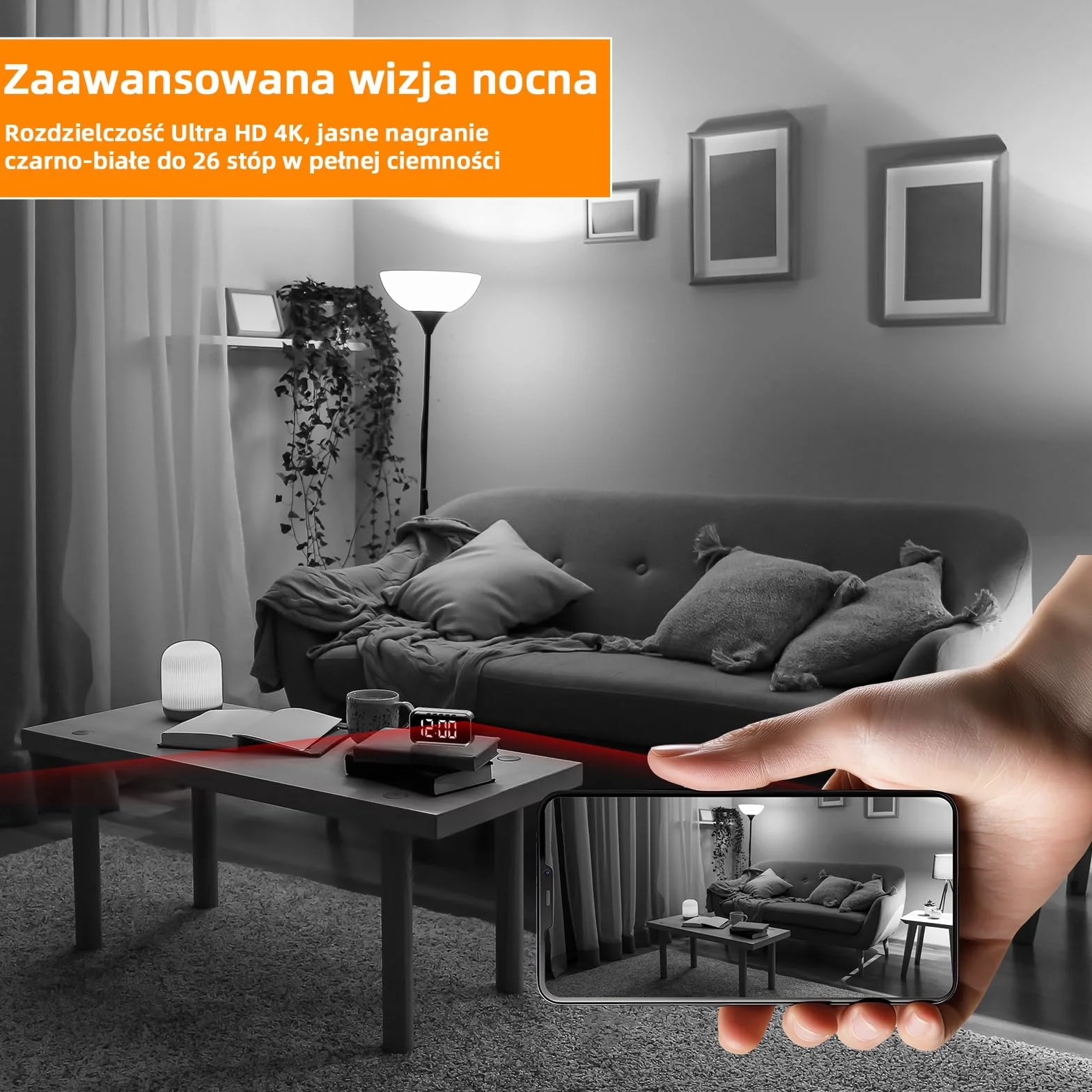 Mini kamera szpiegowska 4K Wi-Fi z czujnikiem ruchu, 150° szerokokątny obiektyw, do monitoringu niani i bezpieczeństwa domu