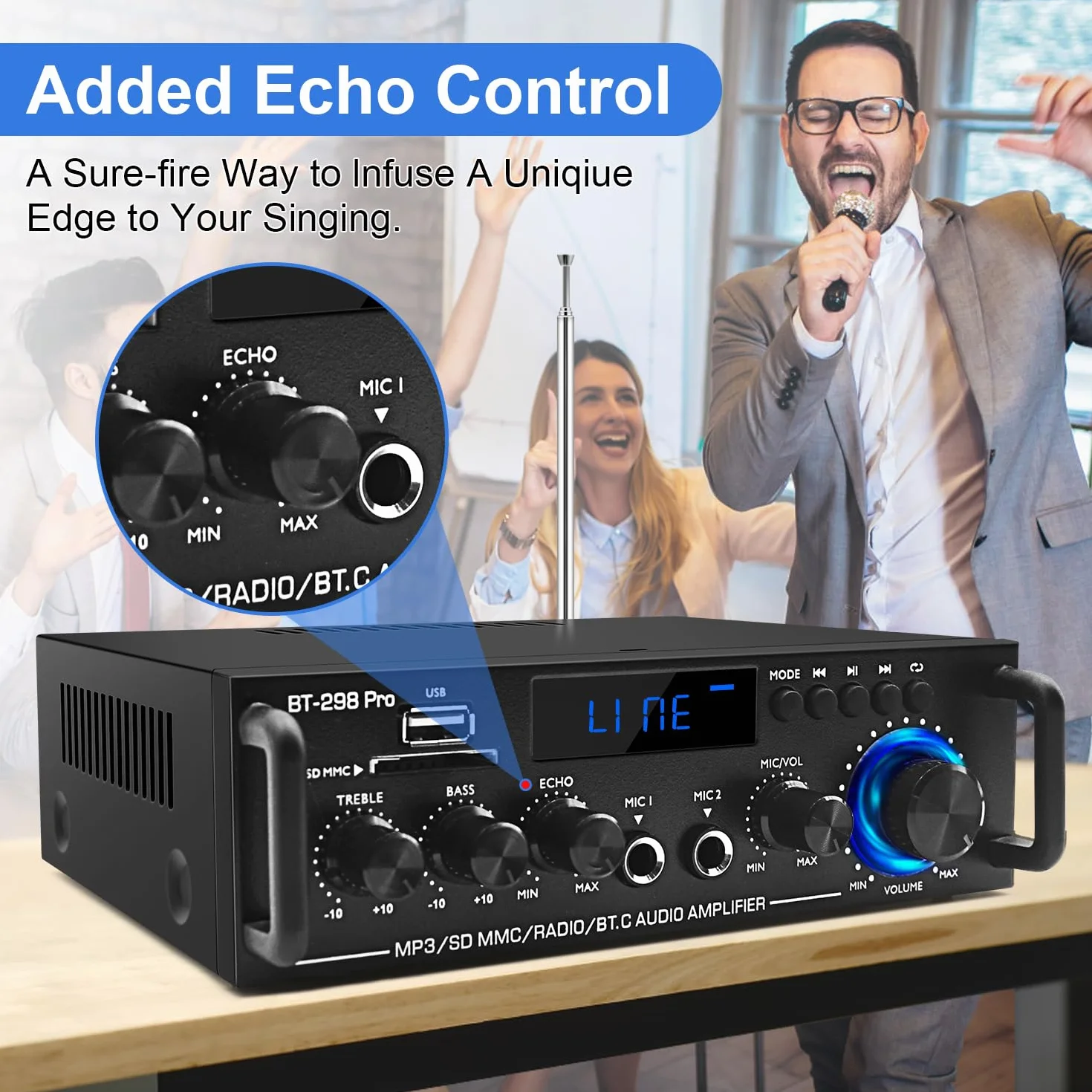 Wzmacniacz domowy odbiornik audio stereo z Bluetooth 5.0, maks. 800 W, 2.0-kanałowy system wzmacniacza stereo do głośników kina domowego, karaoke, garażu, wzmacniacza domowego z wejściem